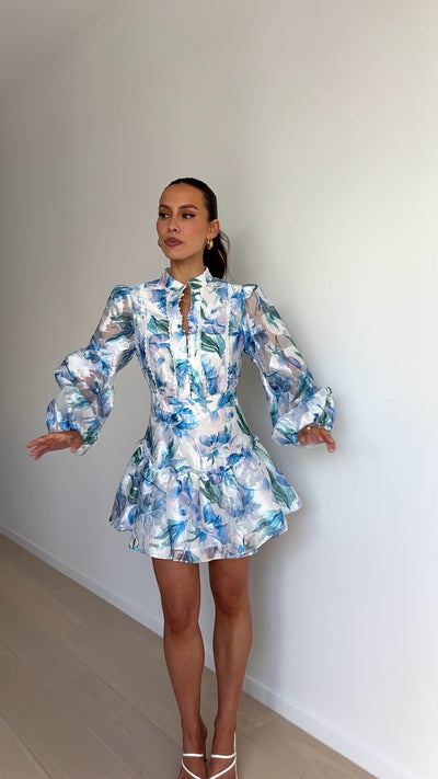 Load and play video in Gallery viewer, Helen Mini Dress - Blue Floral
