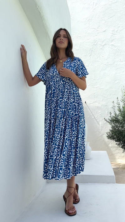 Load and play video in Gallery viewer, Irie Midi Dress - Blue Print
