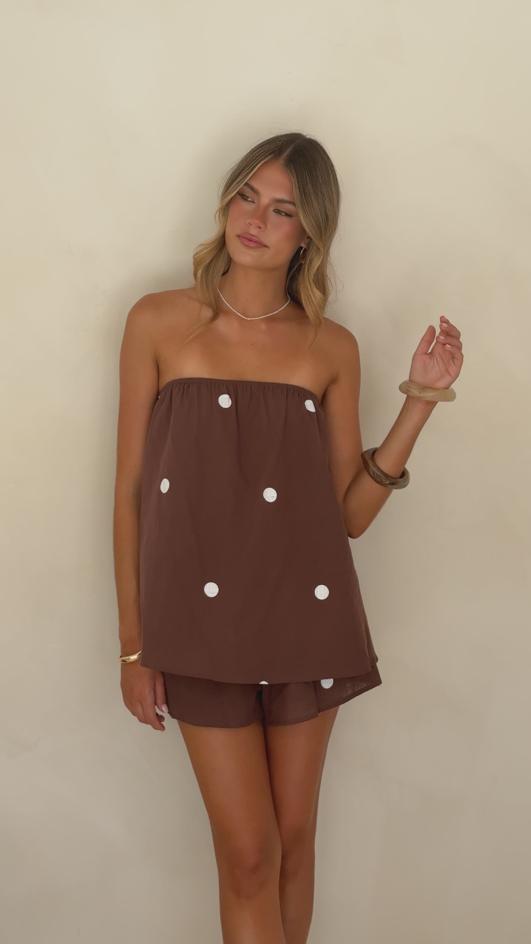 Load video: Calliope Strapless Top and Shorts Set - Brown/White Polka - Billy J