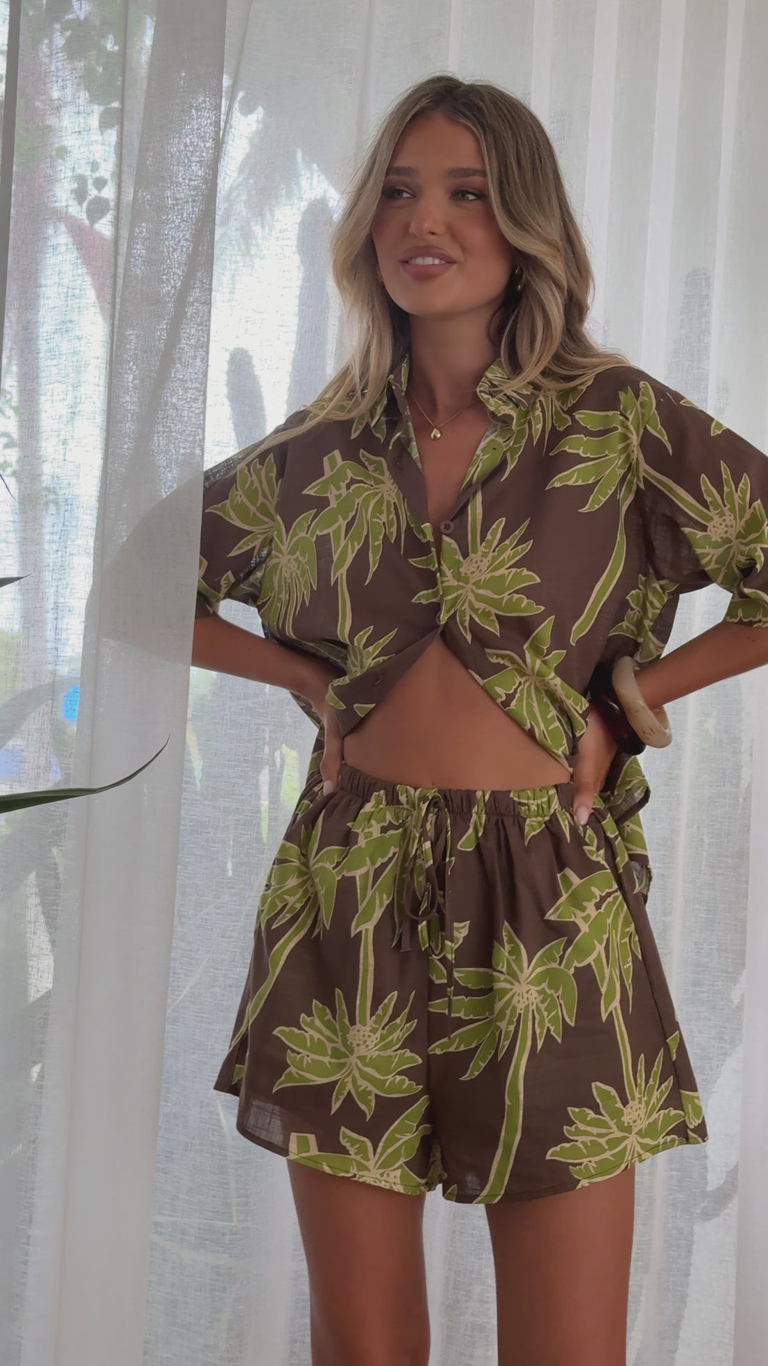 Ravenna Button Up Shirt and Shorts Set - Brown/Green Palm - Billy J