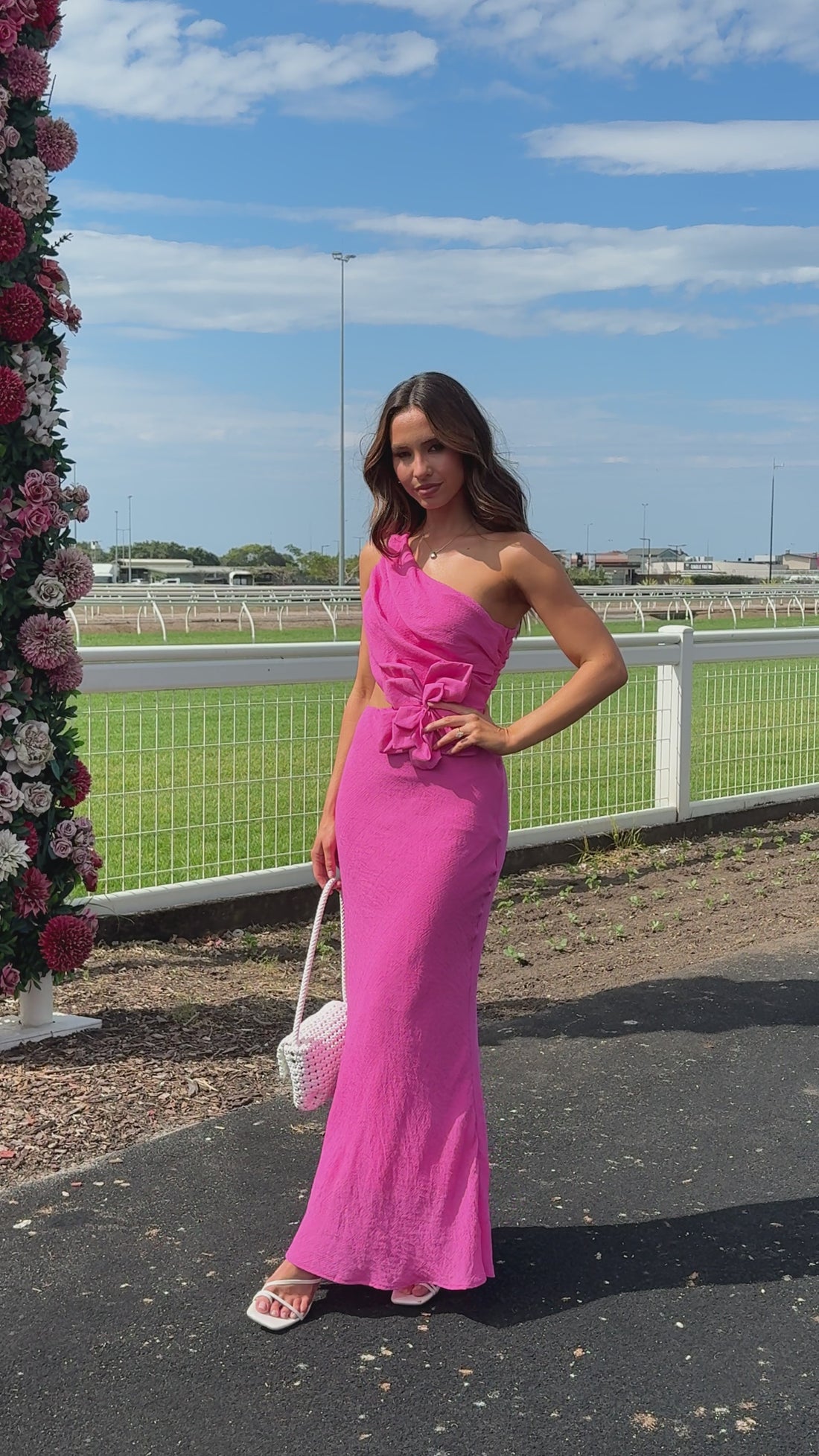 Bloom One Shoulder Cut Out Maxi Dress - Hot Pink - Billy J