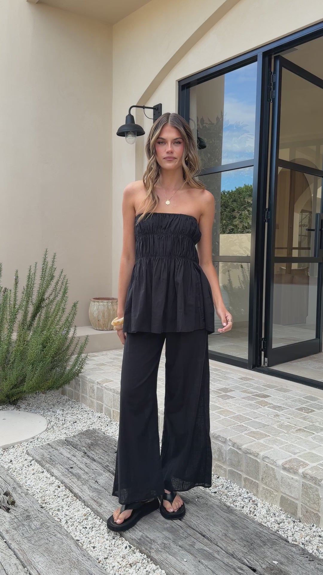 Load video: Maison Strapless Top &amp; Pants Set - Black - Billy J