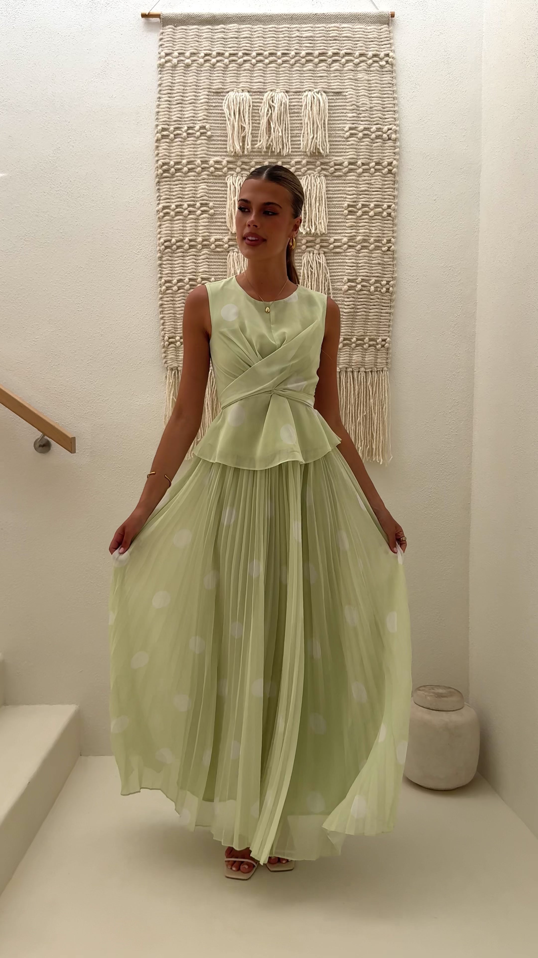 Load video: Cambree Peplum Top and Maxi Skirt Set - Sage / White Polka Dot - Billy J