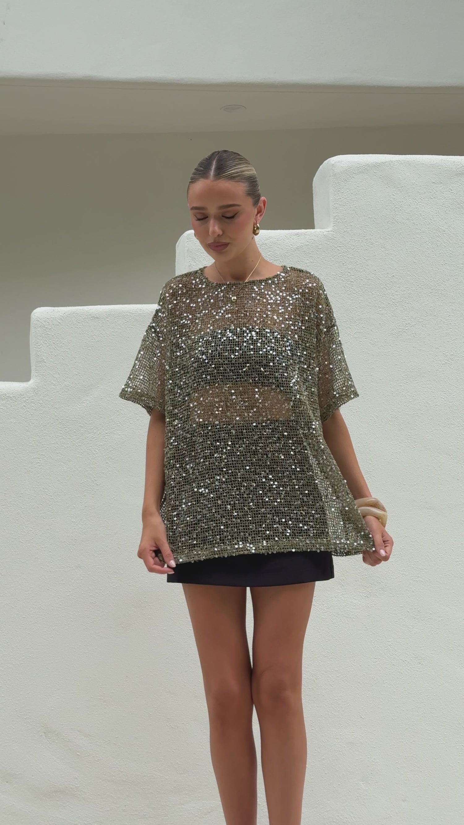 Zinnia Oversized Sequins Tee - Khaki - Billy J
