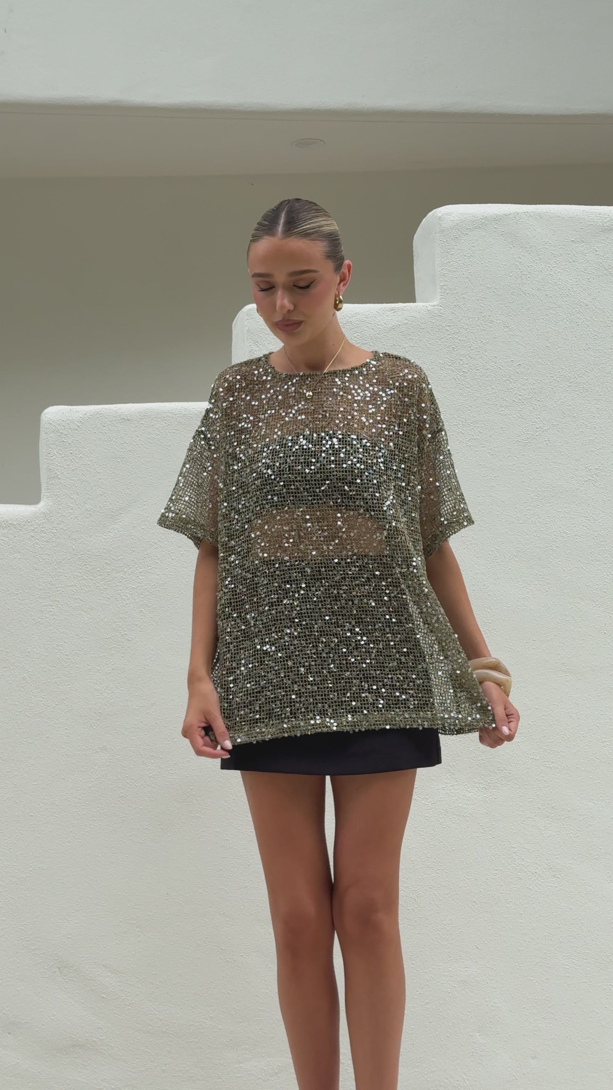 Zinnia Oversized Sequins Tee - Khaki - Billy J