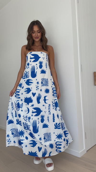 Load and play video in Gallery viewer, Connie Maxi Dress - White / Blue Love Print
