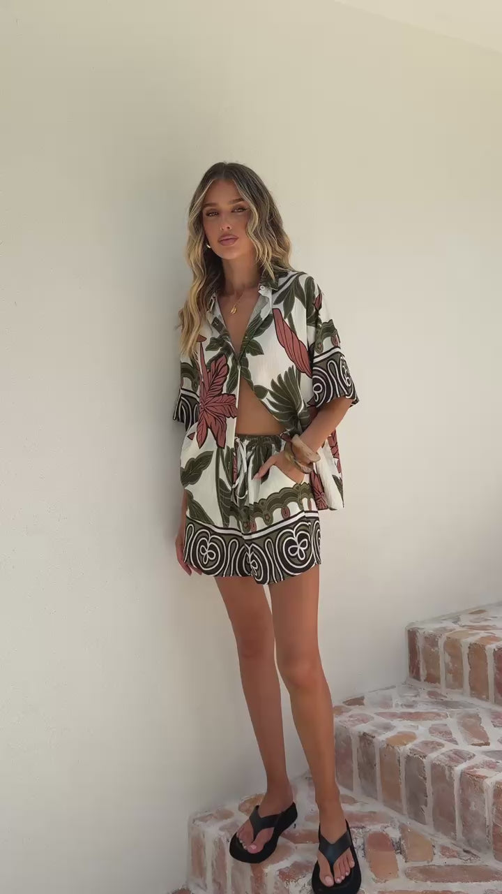 Ravenna Button Up Shirt and Shorts Set - Green/Beige Palm - Billy J