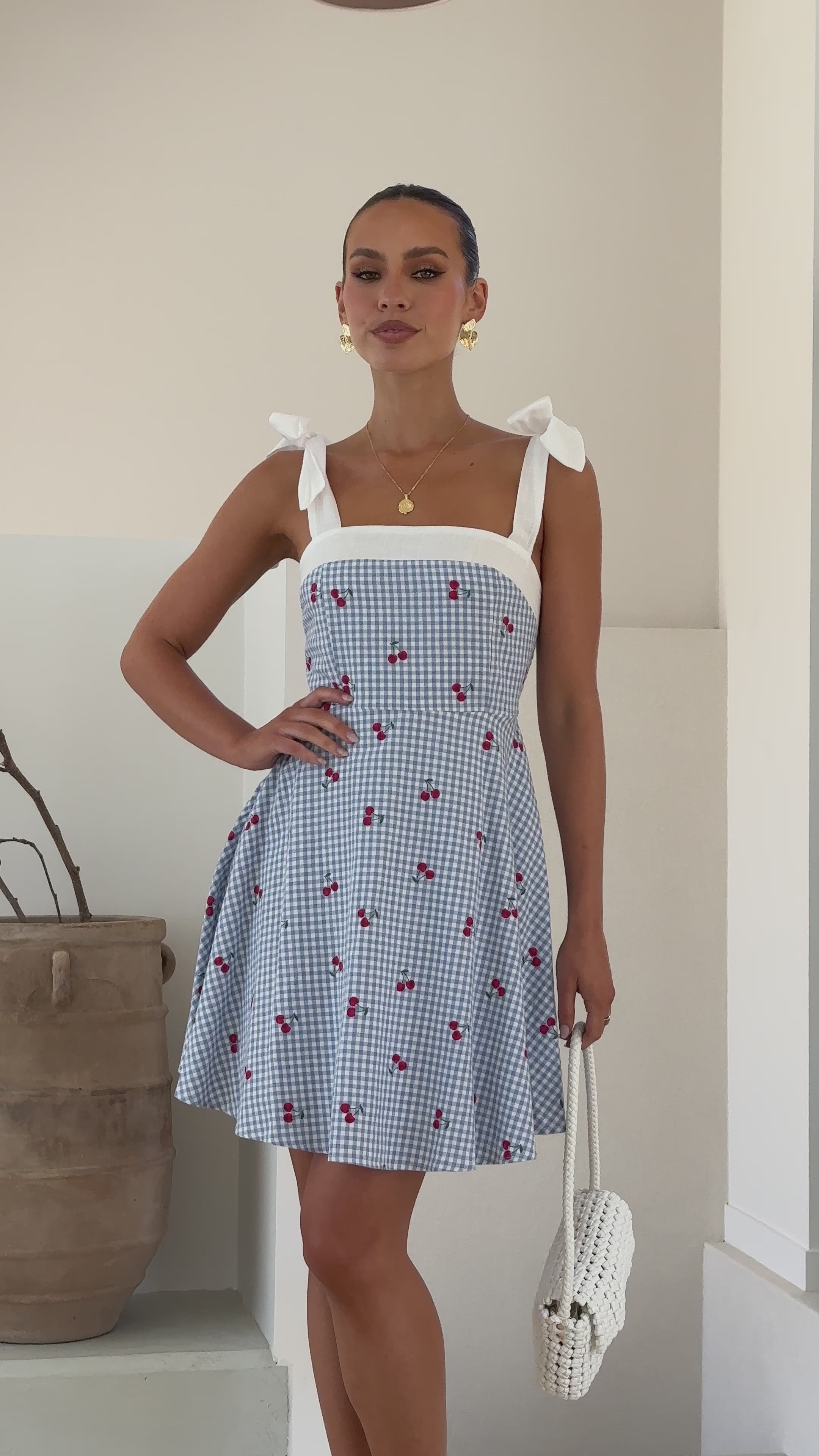 Emmelyn Mini Dress - Blue Gingham Cherry