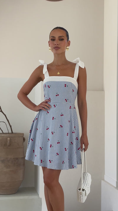 Load and play video in Gallery viewer, Emmelyn Mini Dress - Blue Gingham Cherry
