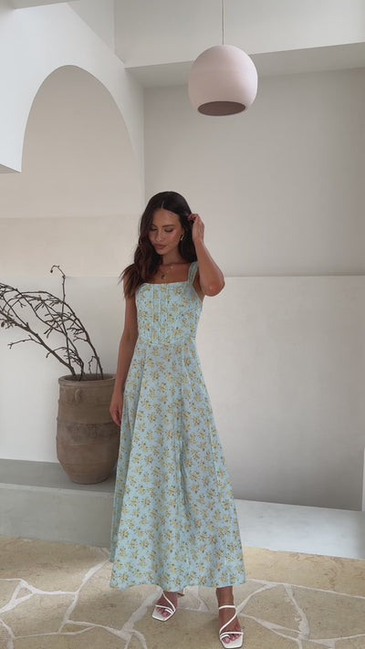 Load and play video in Gallery viewer, Kalea Midi Dress - Blue / Yellow Floral
