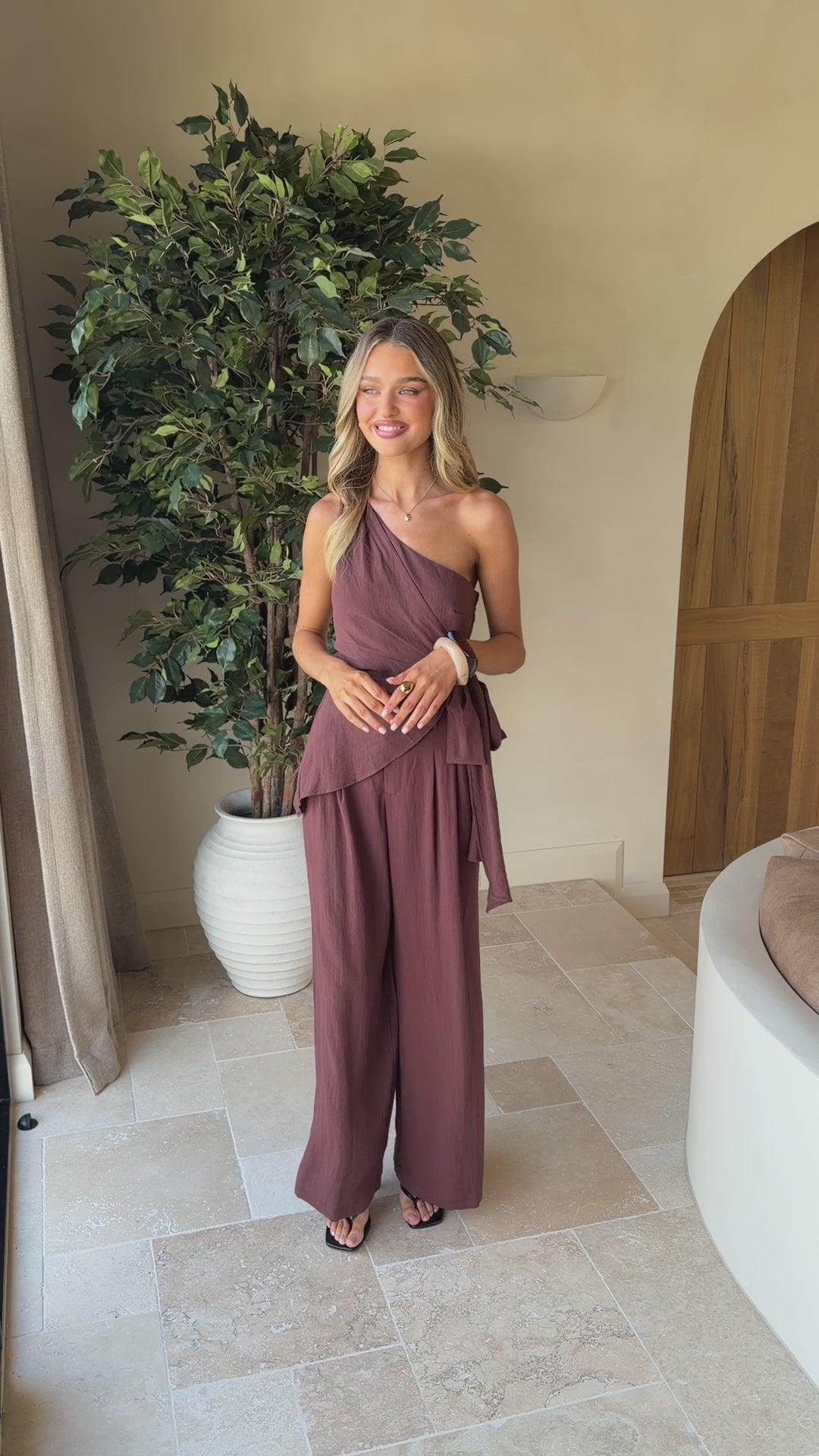 Load video: Leela One Shoulder Top and Pants Set - Brown - Billy J