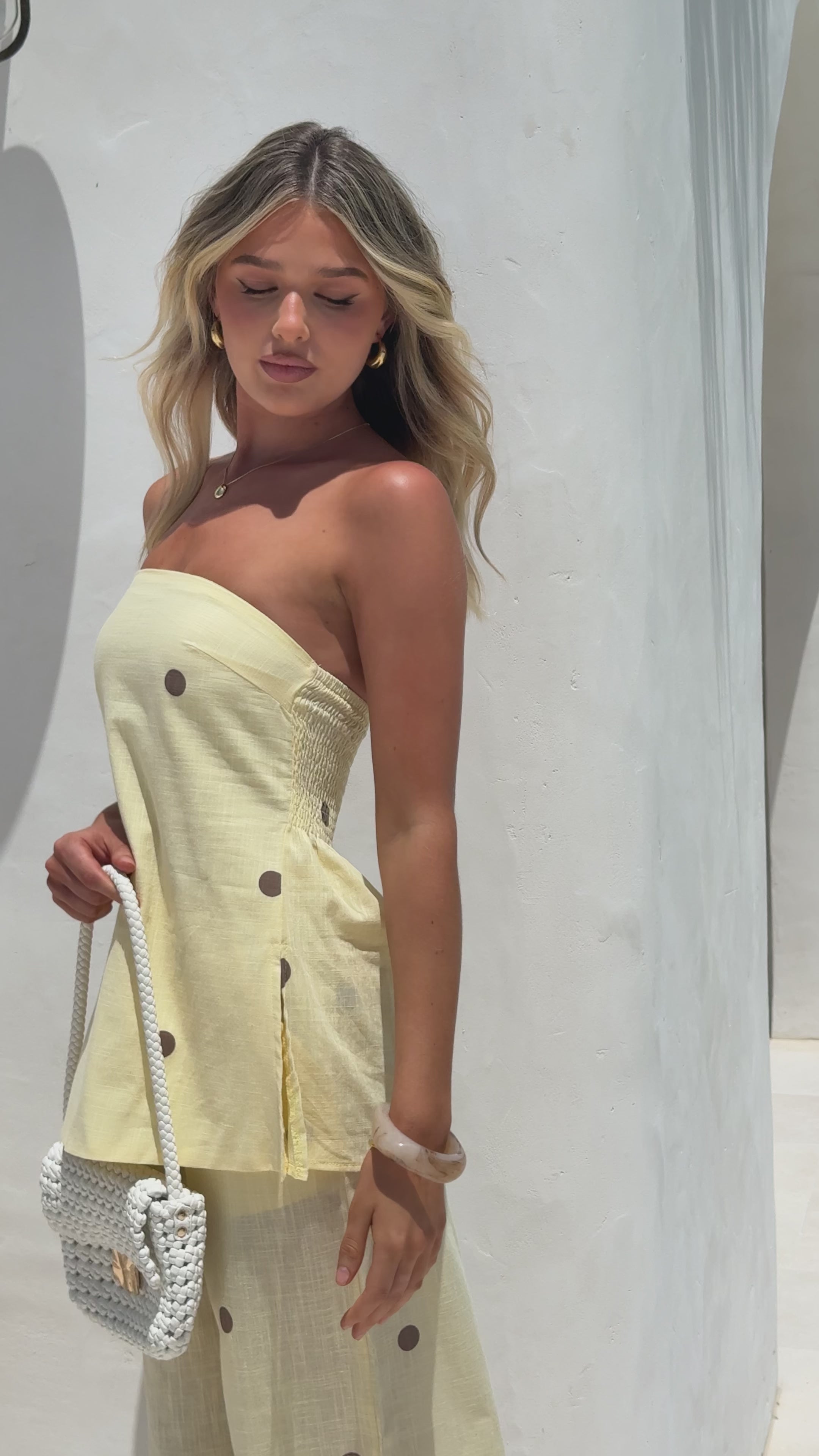 Load video: Kailani Strapless Top and Pants Set - Yellow/Chocolate Polka - Billy J