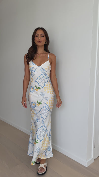 Load and play video in Gallery viewer, Sylvia Midi Dress - Blue / Yellow Holiday Print
