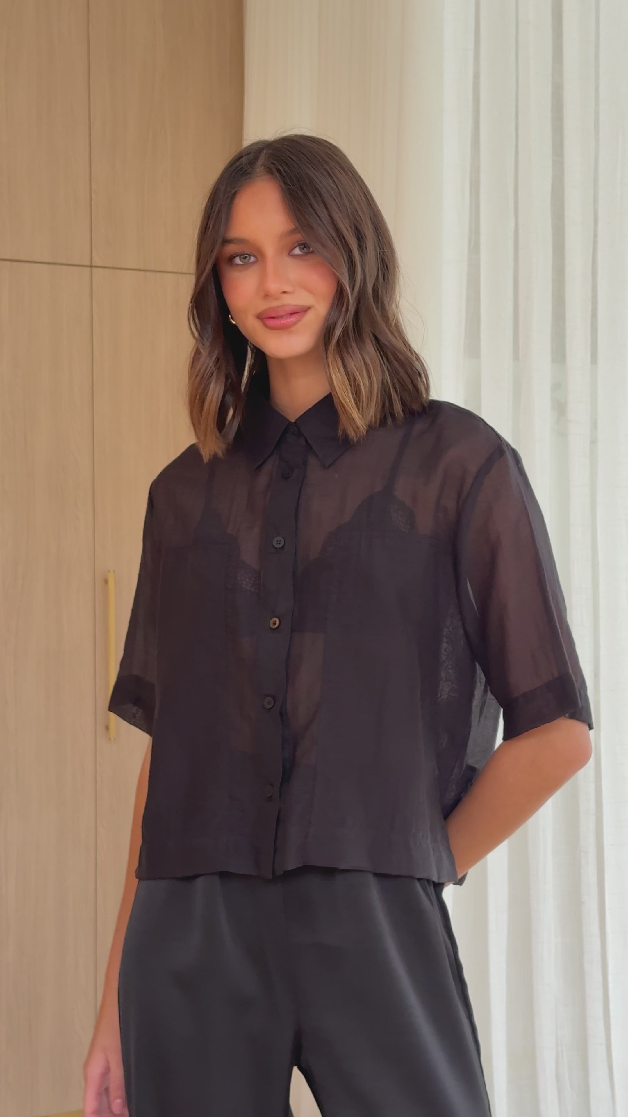 Load video: Deanna Sheer Button Up Shirt - Black - Billy J