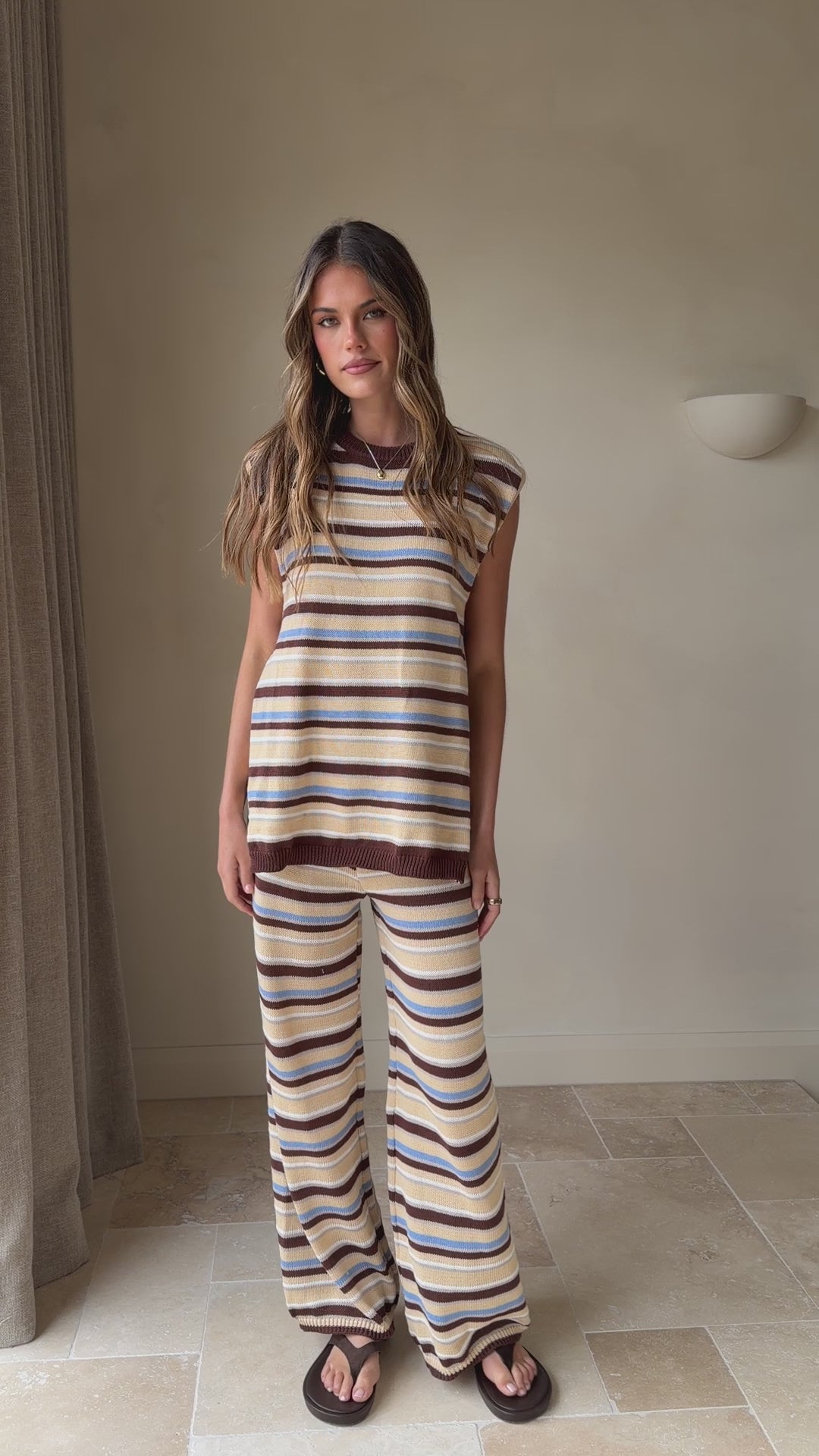 Florentine Knit Vest and Pants Set - Beige/Choc/Blue Stripe - Billy J