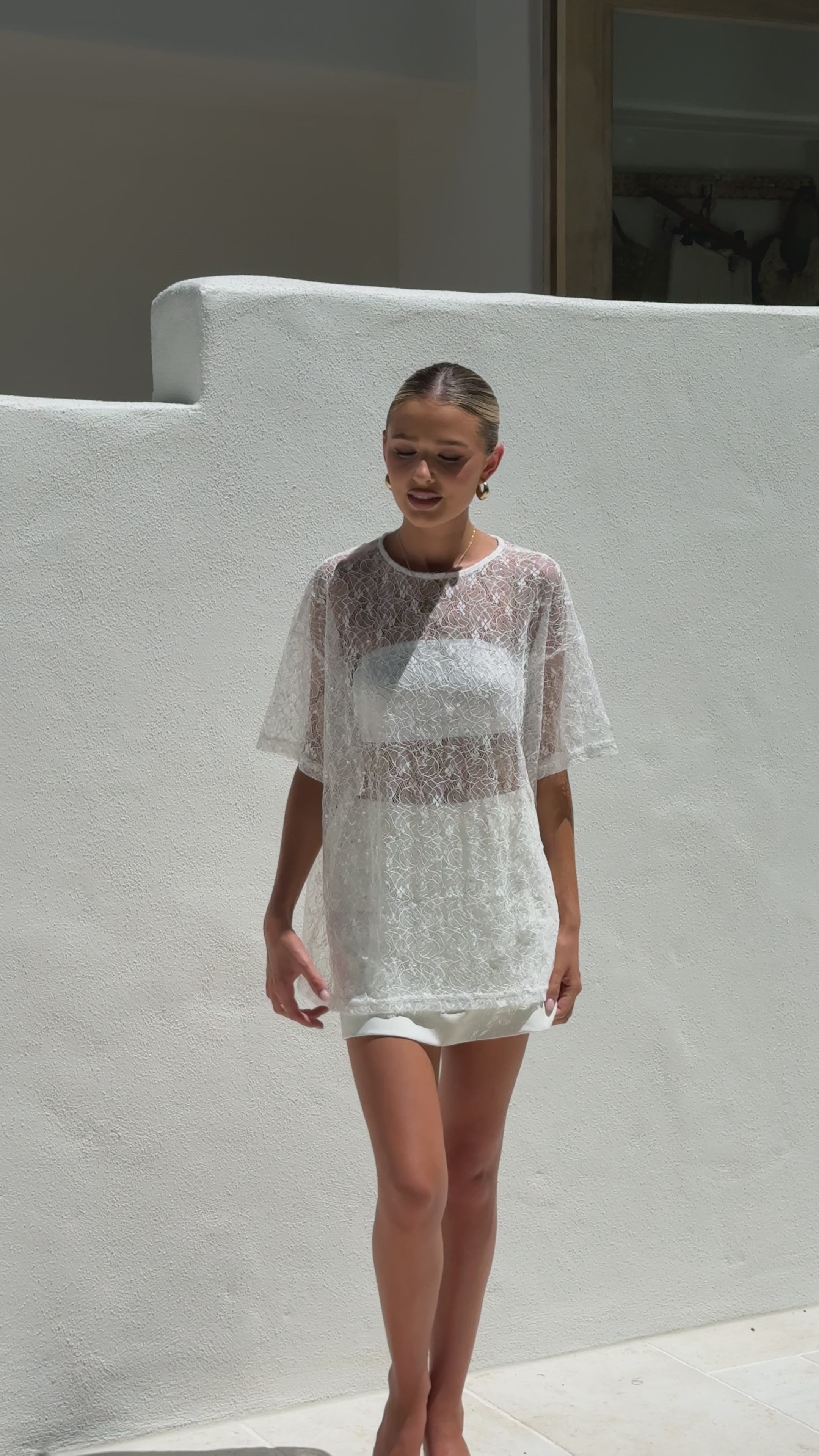 Load video: Zebia Sheer Sequin Lace Top - White - Billy J