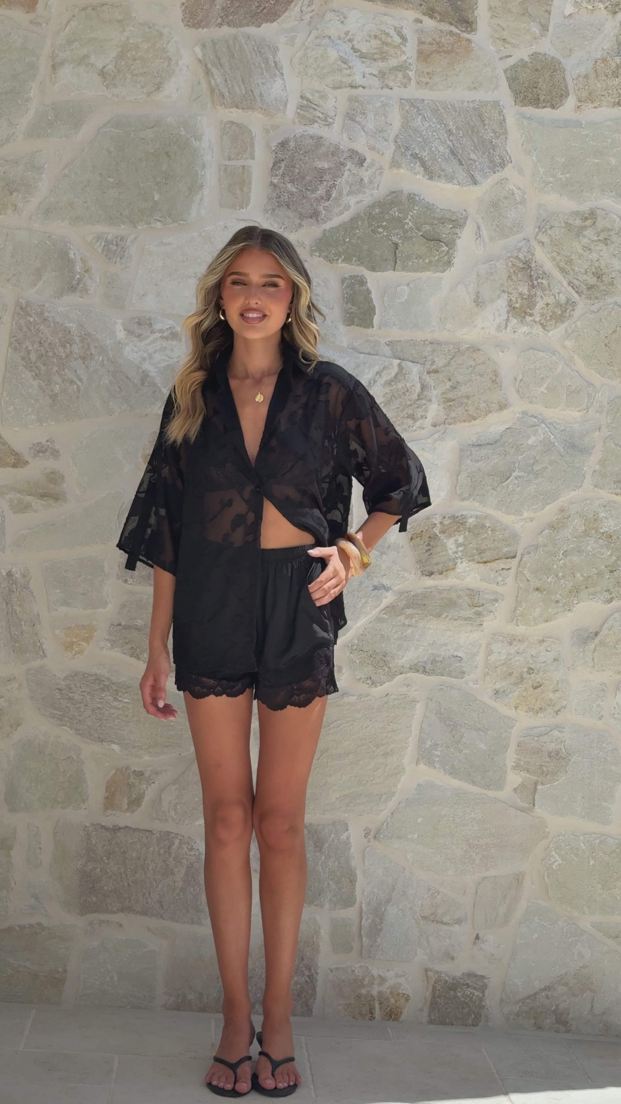 Load video: Zeta Button Up Long Sleeve Shirt and Shorts Set - Black Lace - Billy J