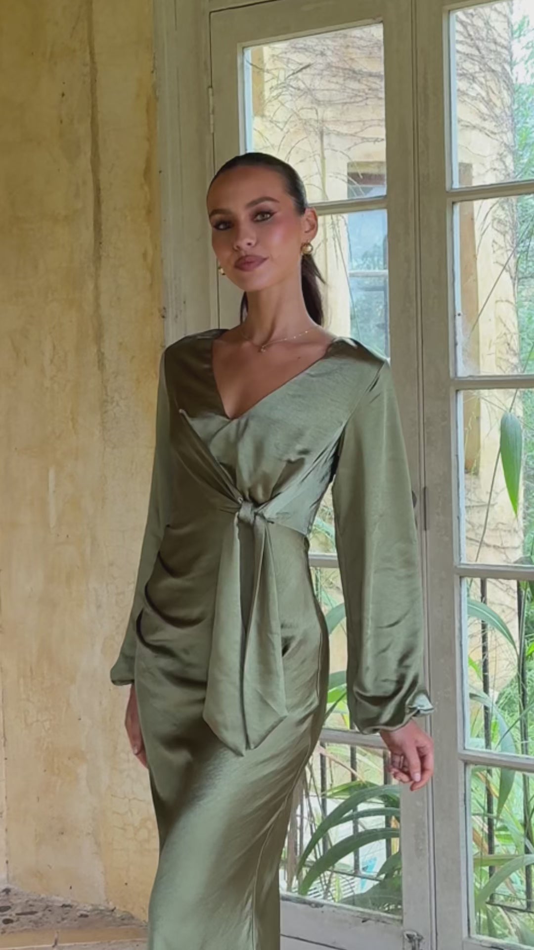 Ivy Long Sleeve Tie Front Maxi Dress - Olive - Billy J