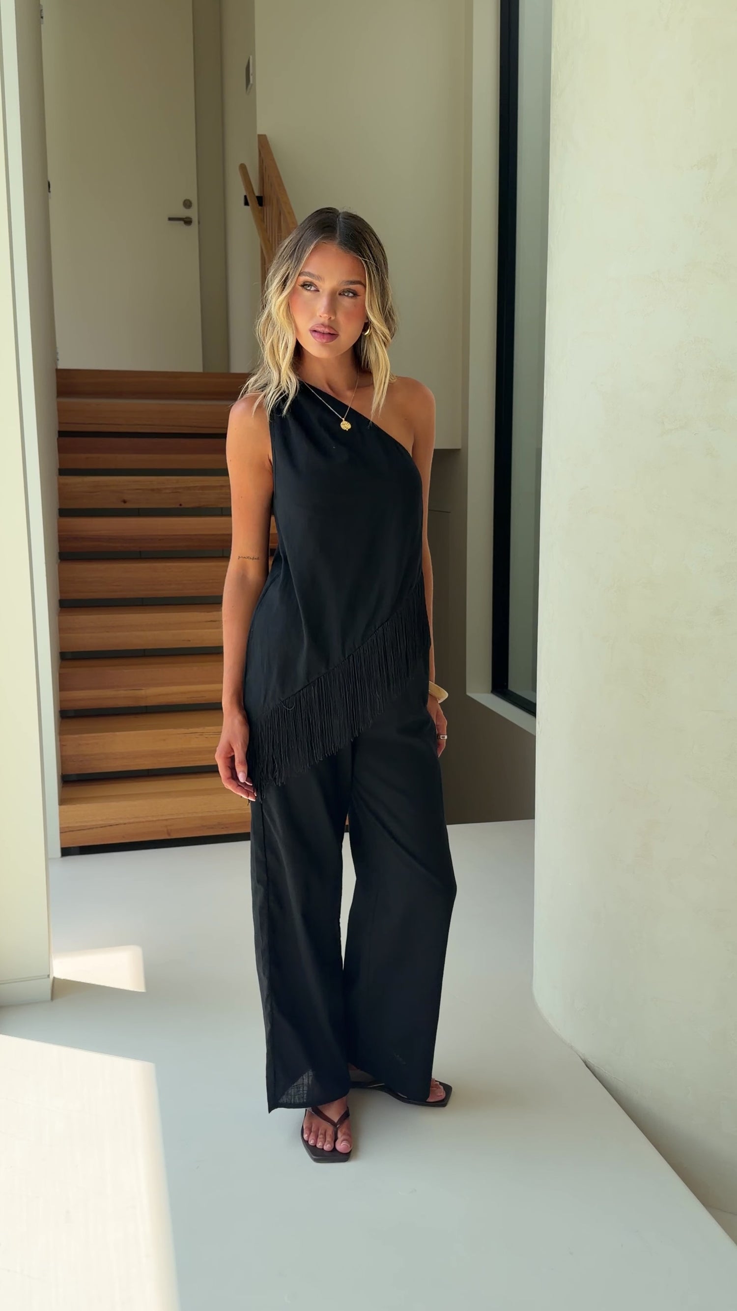 Nancia One Shoulder Fringe Top and Pants Set - Black - Billy J
