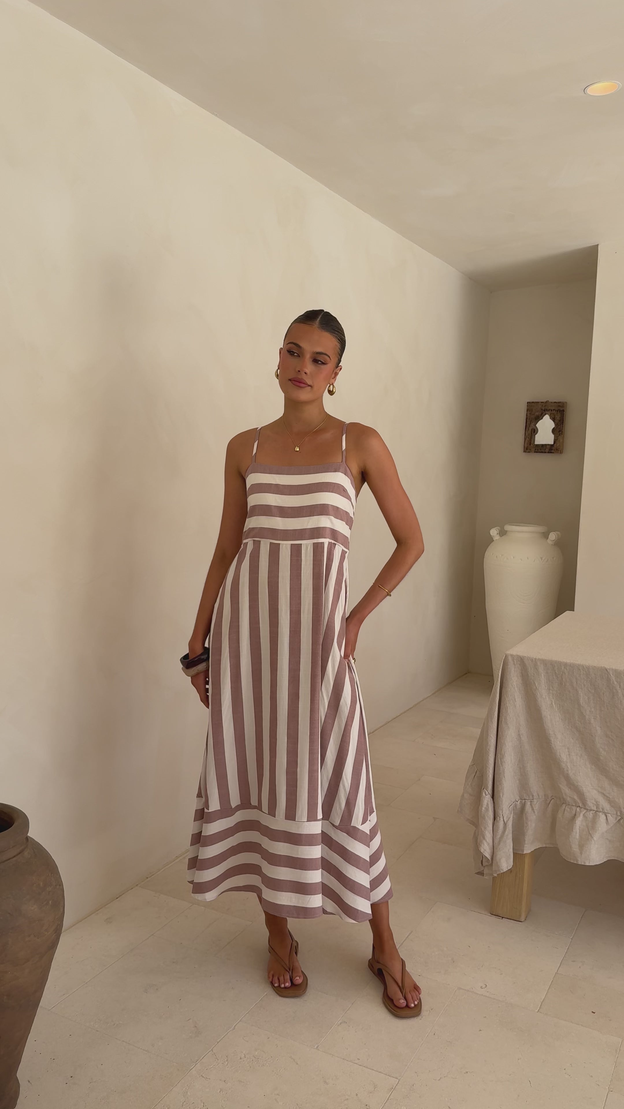 Load video: Baylee Midi Dress - Chocolate Stripe - Billy J