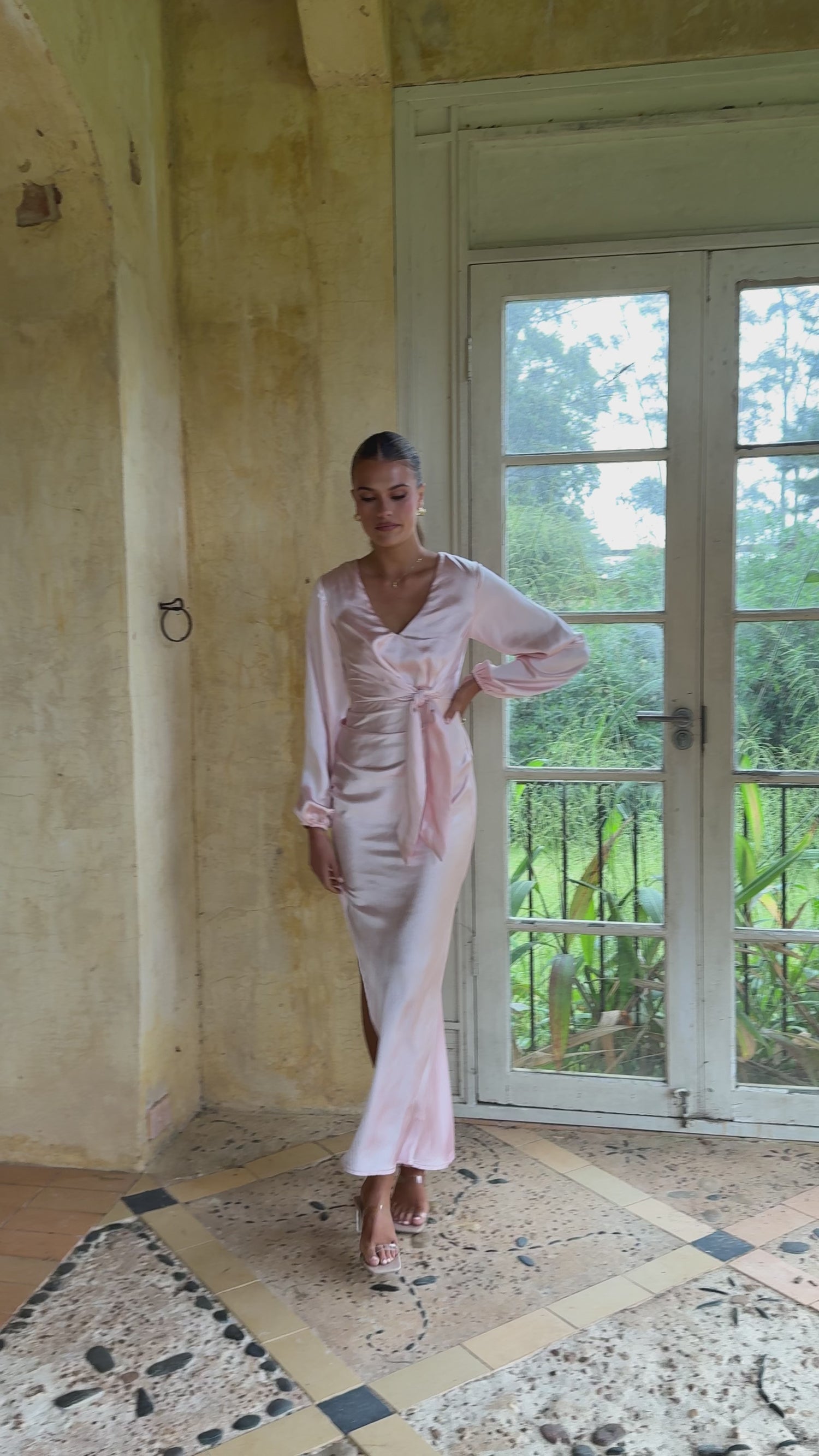 Ivy Long Sleeve Tie Front Maxi Dress - Pink - Billy J