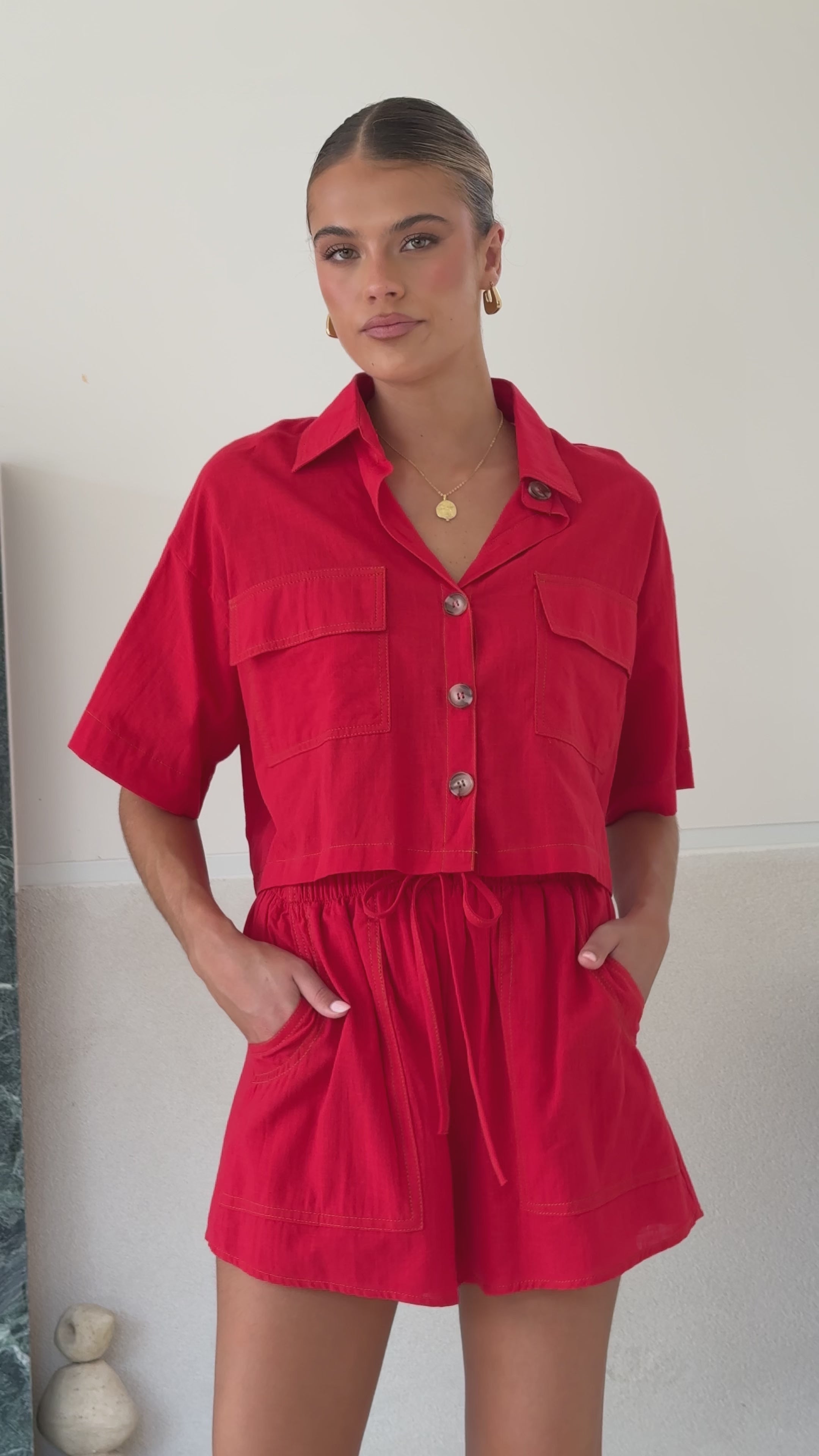 Bridgette Cropped Shirt and Shorts Set - Red - Billy J