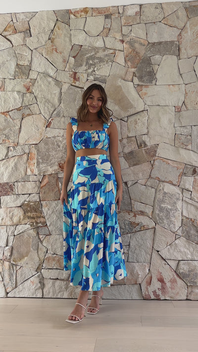 Load and play video in Gallery viewer, Edana Crop Top and Maxi Skirt Set - Blue Print
