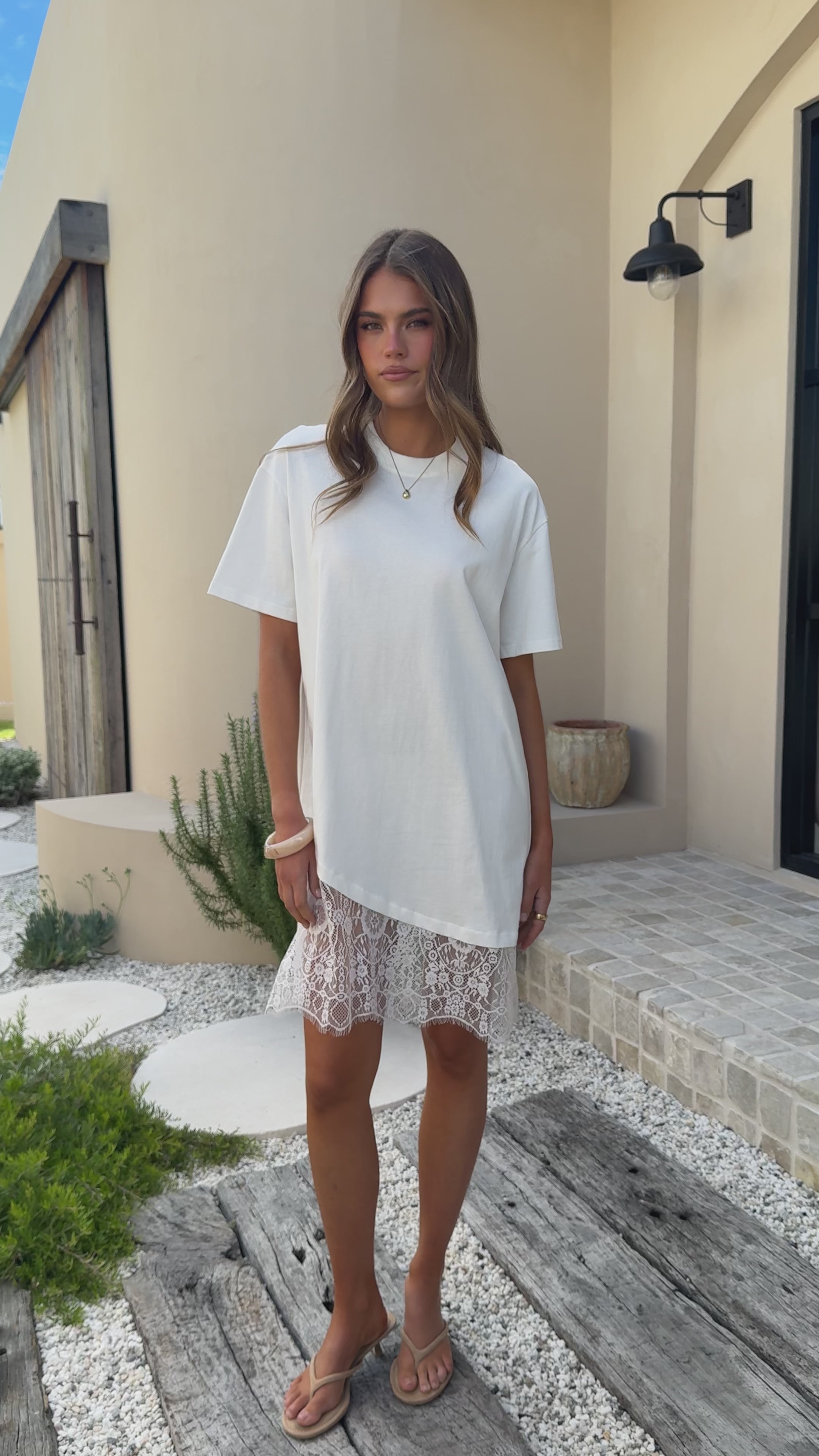 Load video: Avei Lace T-Shirt Mini Dress - White - Billy J