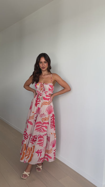 Load and play video in Gallery viewer, Vella Midi Dress - Pink / Orange Print
