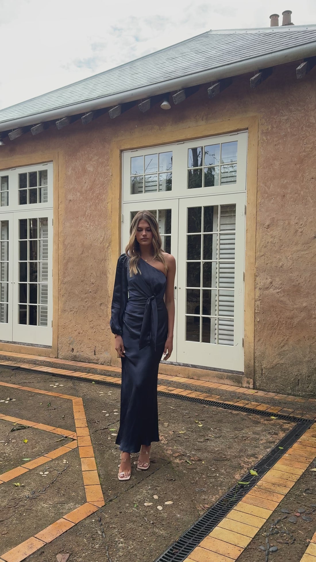 Eden One Shoulder Tie Front Maxi Dress - Navy - Billy J