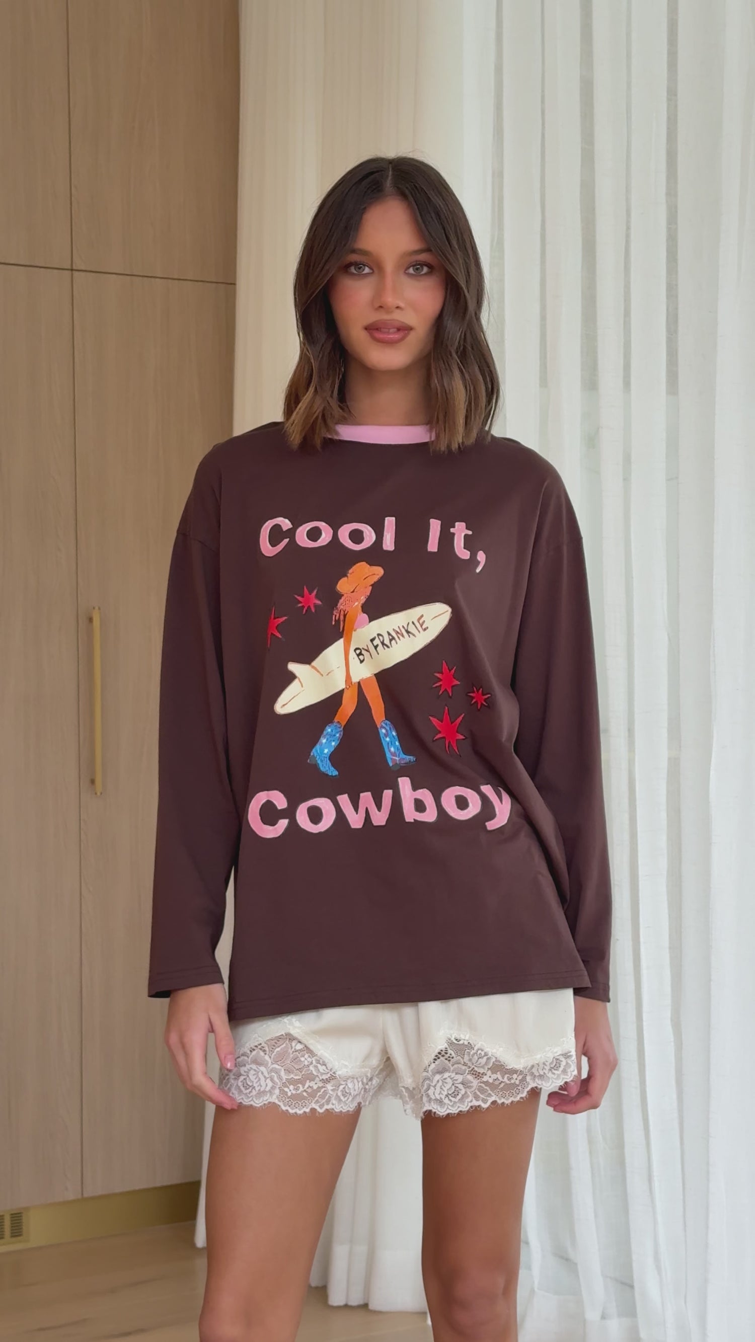 Cool It Cowboy Long Sleeve Top - Chocolate/Pink - Billy J