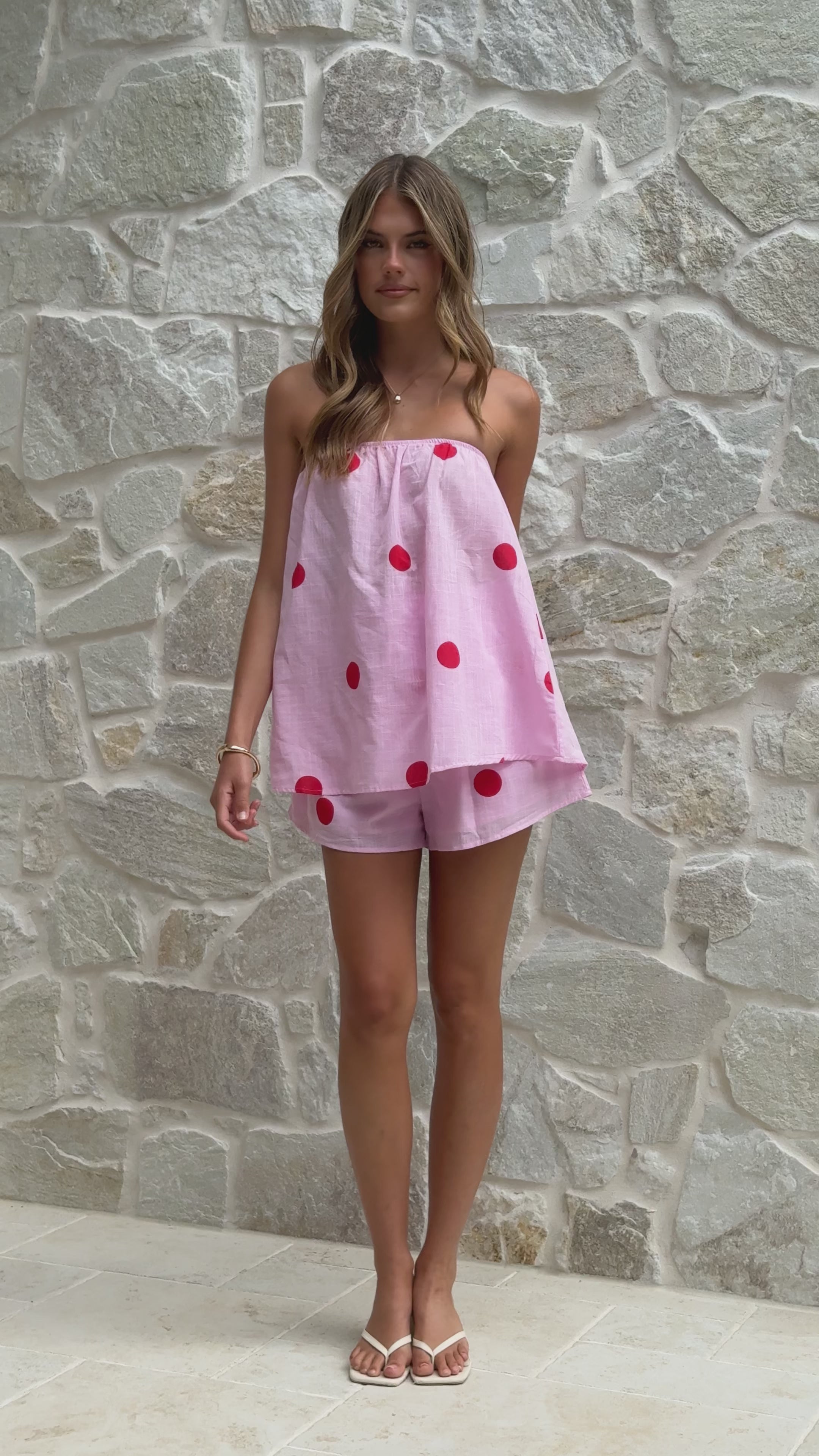 Load video: Calliope Strapless Top and Shorts Set - Pink/Red Polka - Billy J