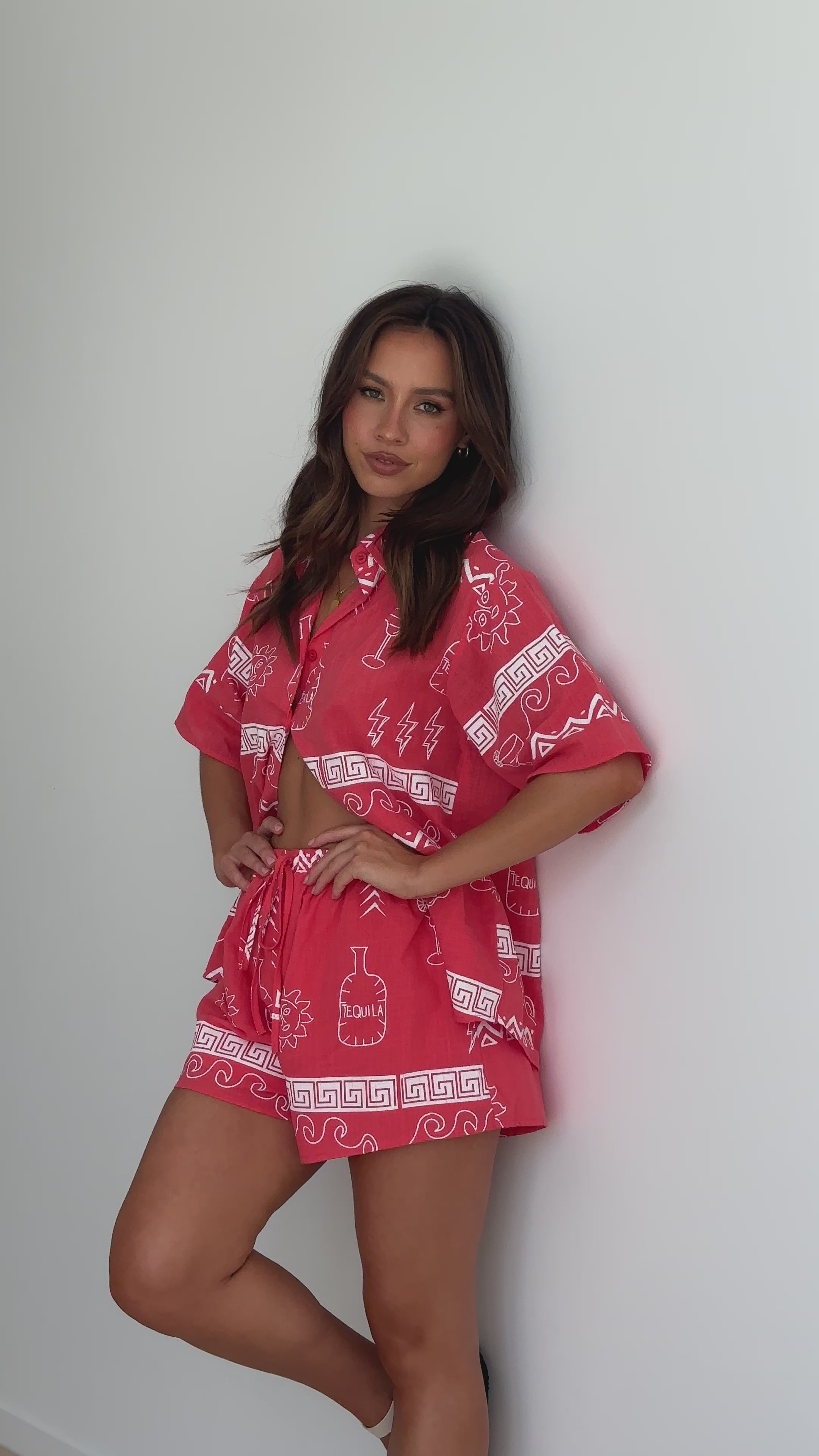 Charli Button Up Shirt and Shorts Set - Red/White Greek Tequila