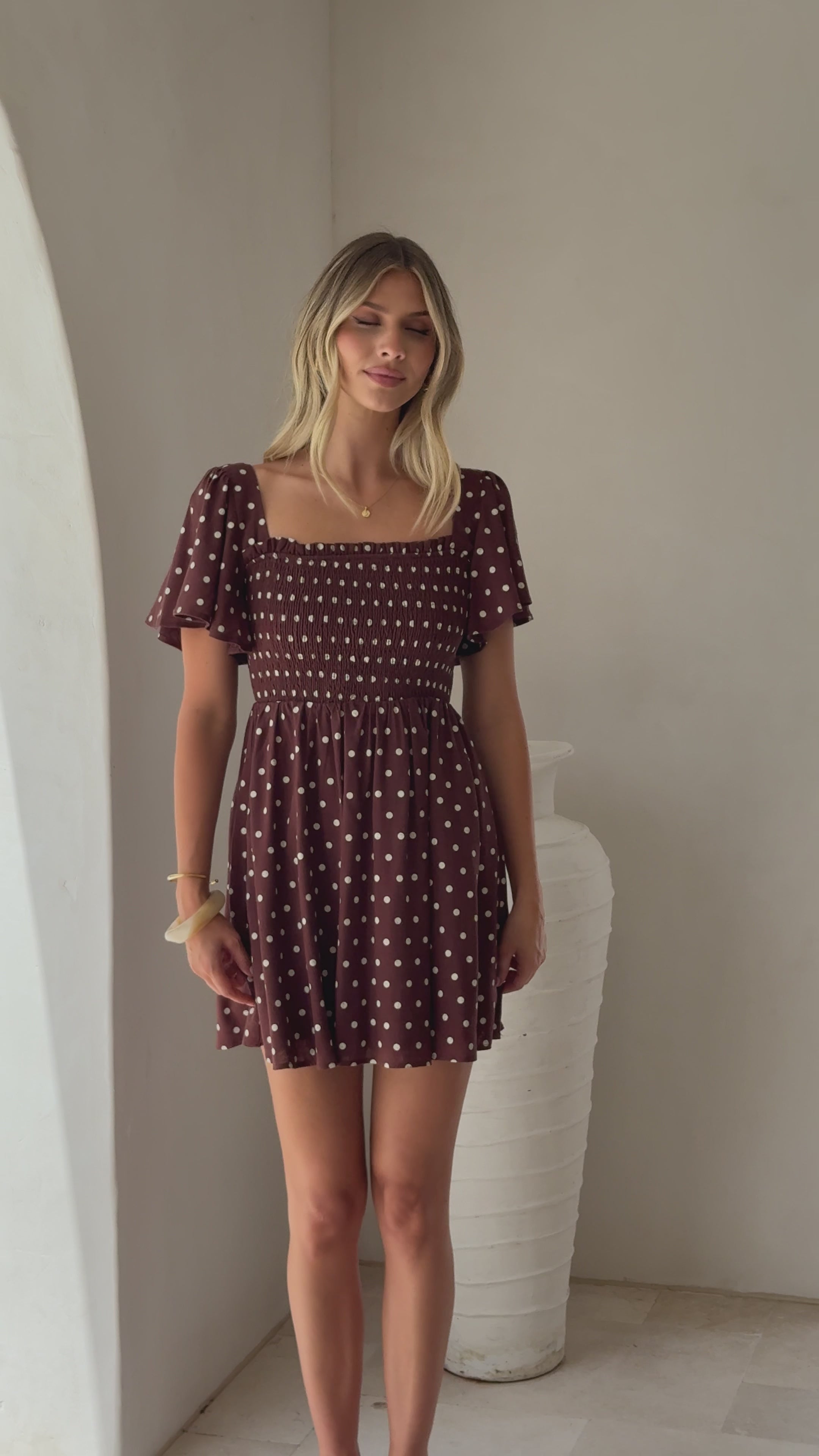 Load video: Molly Mini Dress - Chocolate/Nude Spot - Billy J