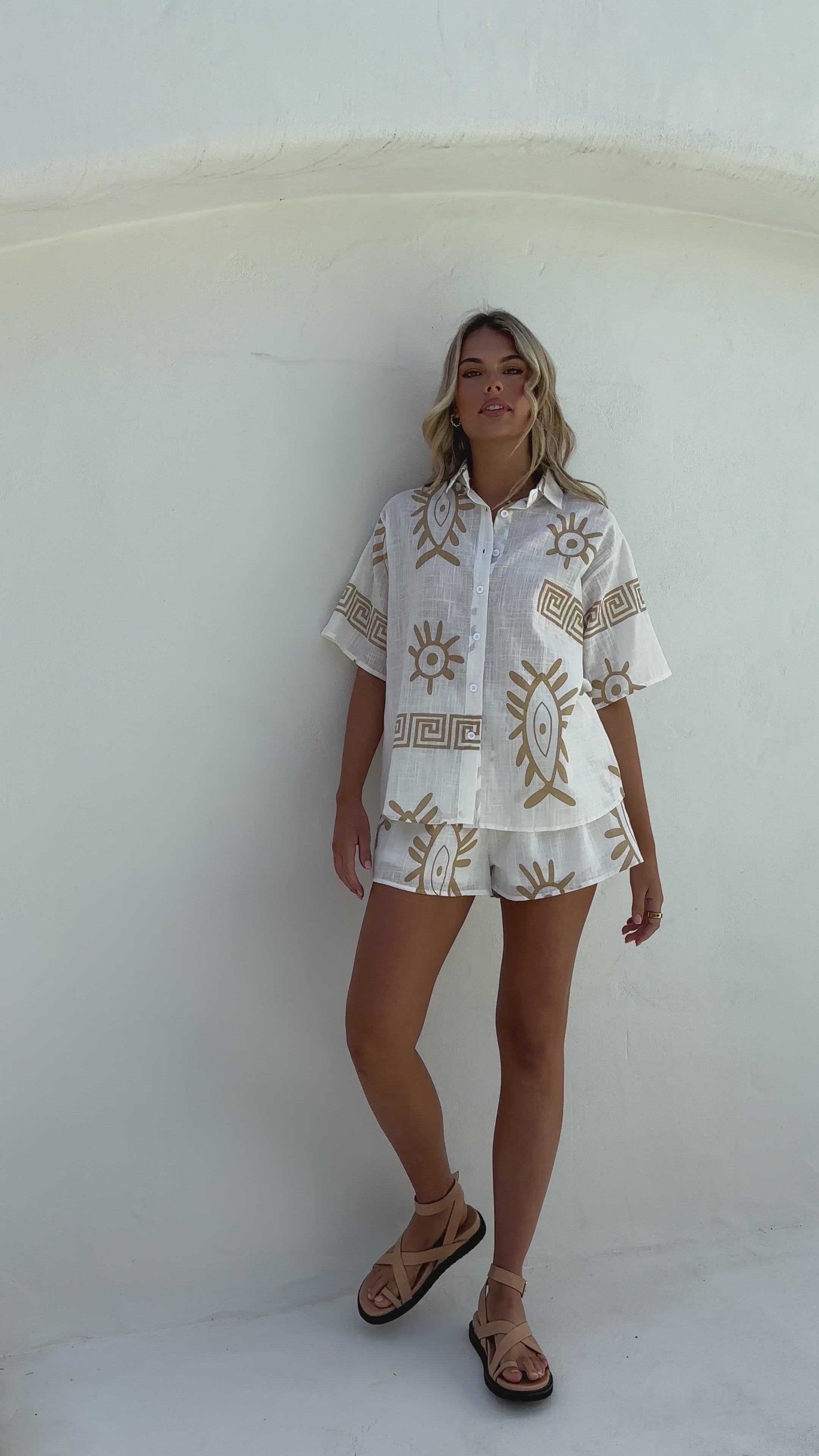 Charli Button Up Shirt and Shorts Set - White/Beige Aztec