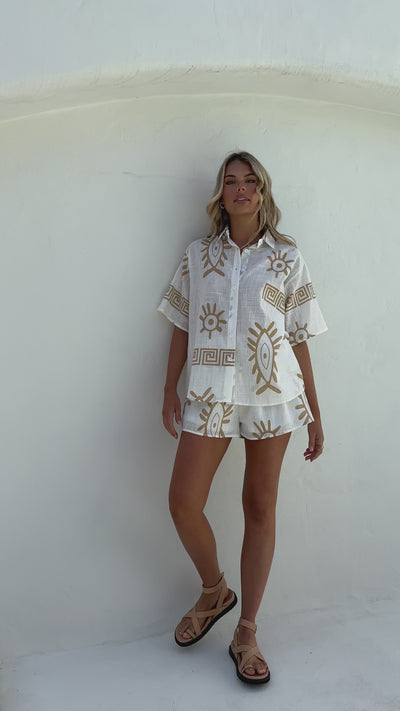 Load and play video in Gallery viewer, Charli Button Up Shirt and Shorts Set - White/Beige Aztec
