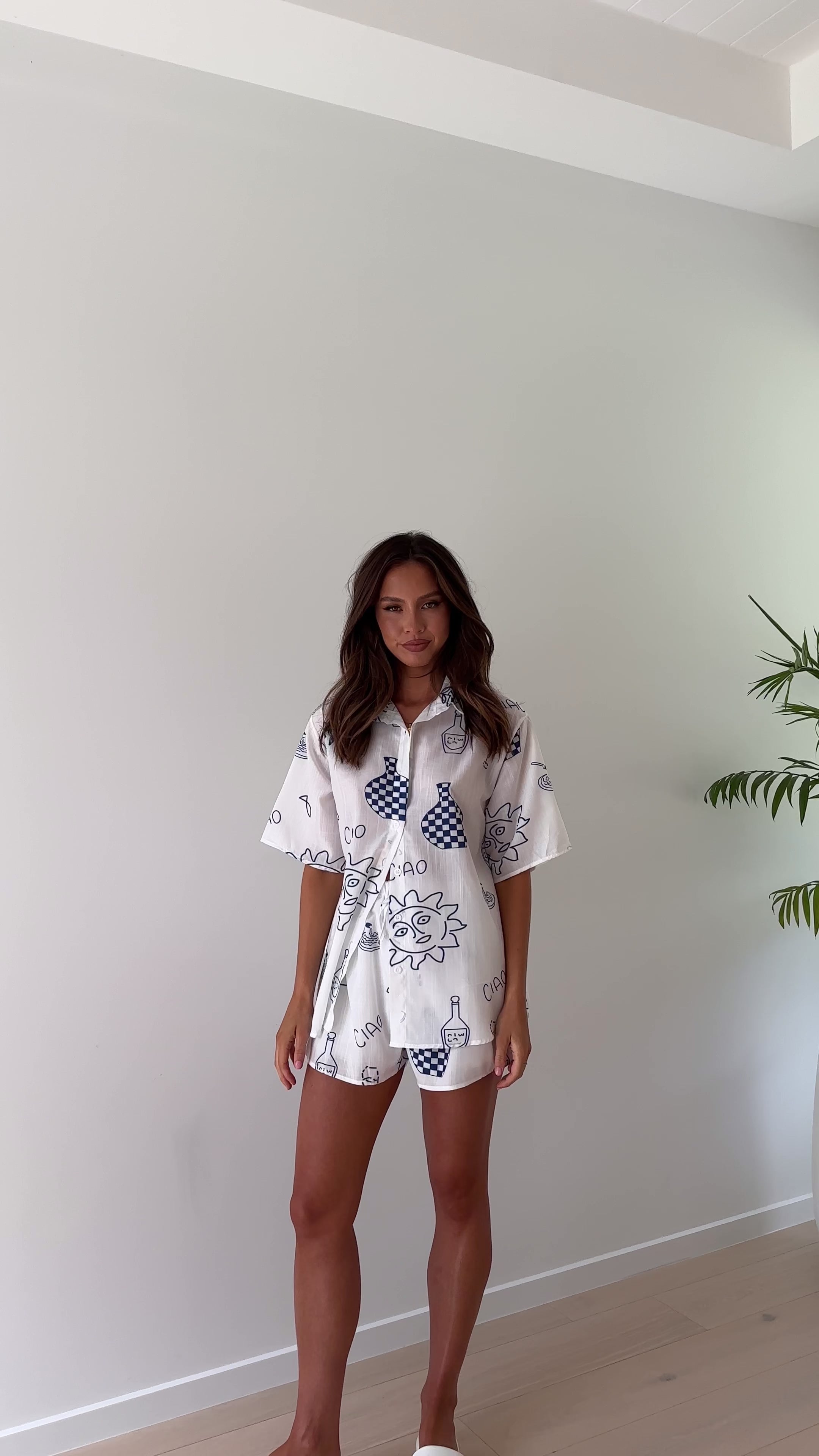 Charli Button Up Shirt and Shorts Set - White / Blue Ciao