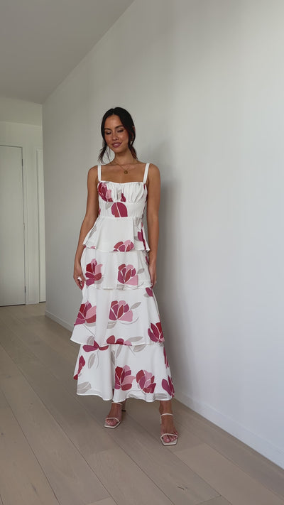 Load and play video in Gallery viewer, Odilia Maxi Dress - White/Pink Floral
