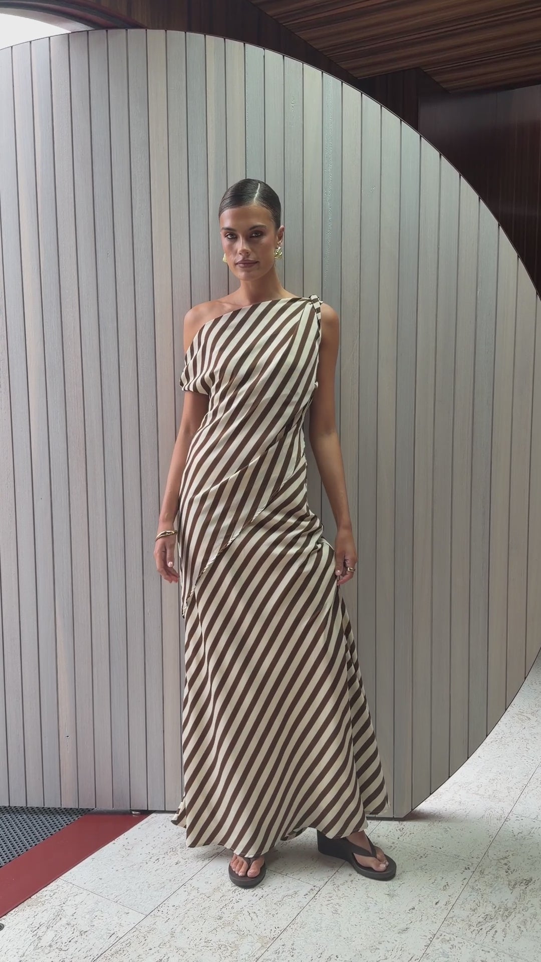 Chelsea Asymmetrical Top and Maxi Skirt Set - Chocolate/Nude Stripe - Billy J