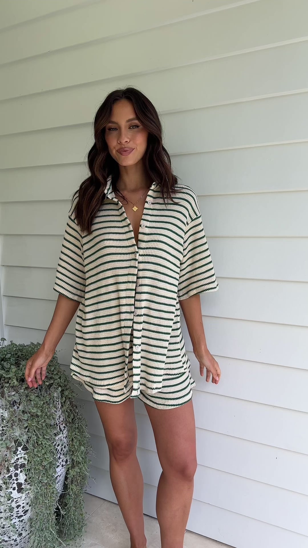 Lacole Button Up Shirt and Shorts Set - Beige / Green Stripe