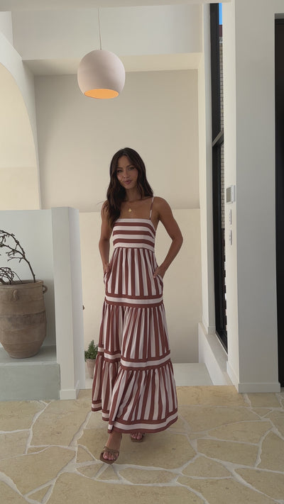 Load and play video in Gallery viewer, Terrah Maxi Dress - Brown/Cream Stripe
