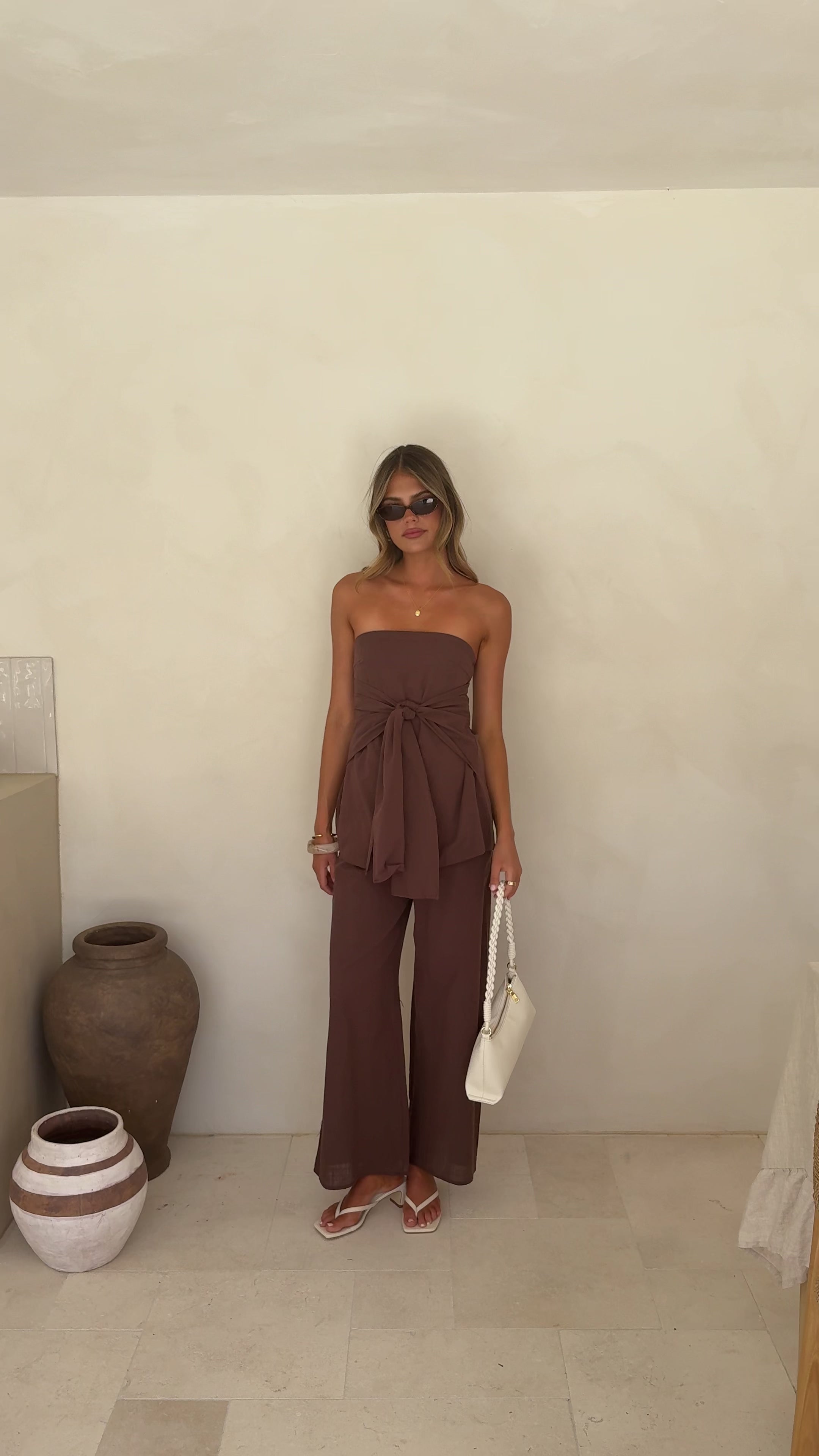 Load video: Talia Strapless Top and Pants Set - Brown - Billy J