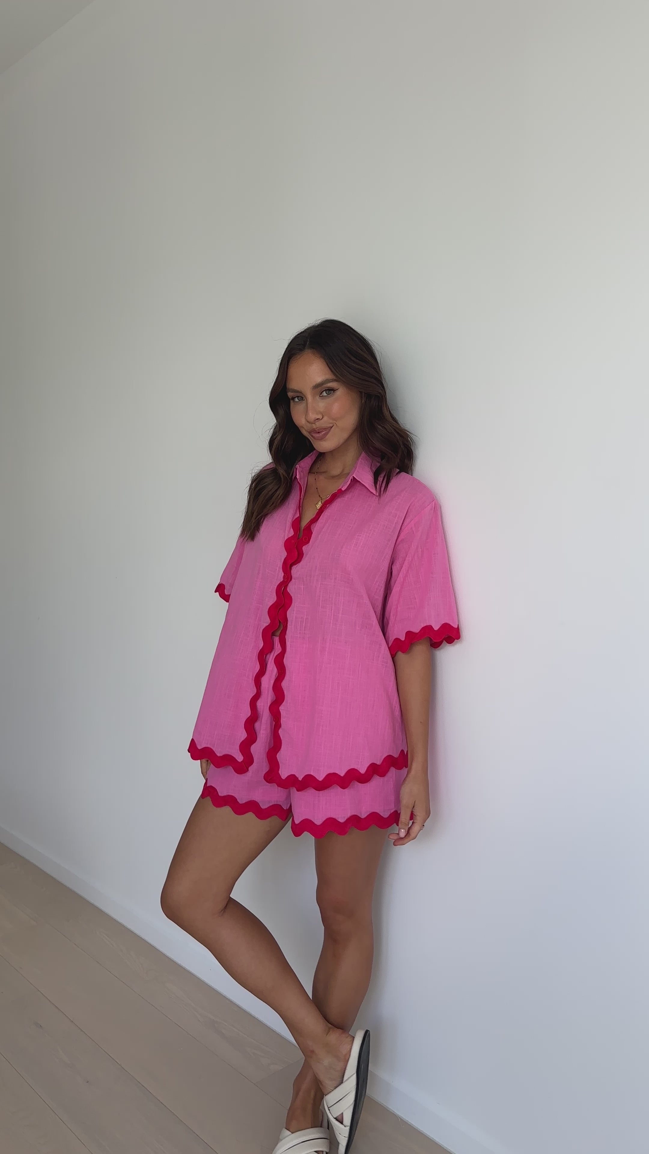 Carly Button Up Shirt and Shorts - Pink / Red