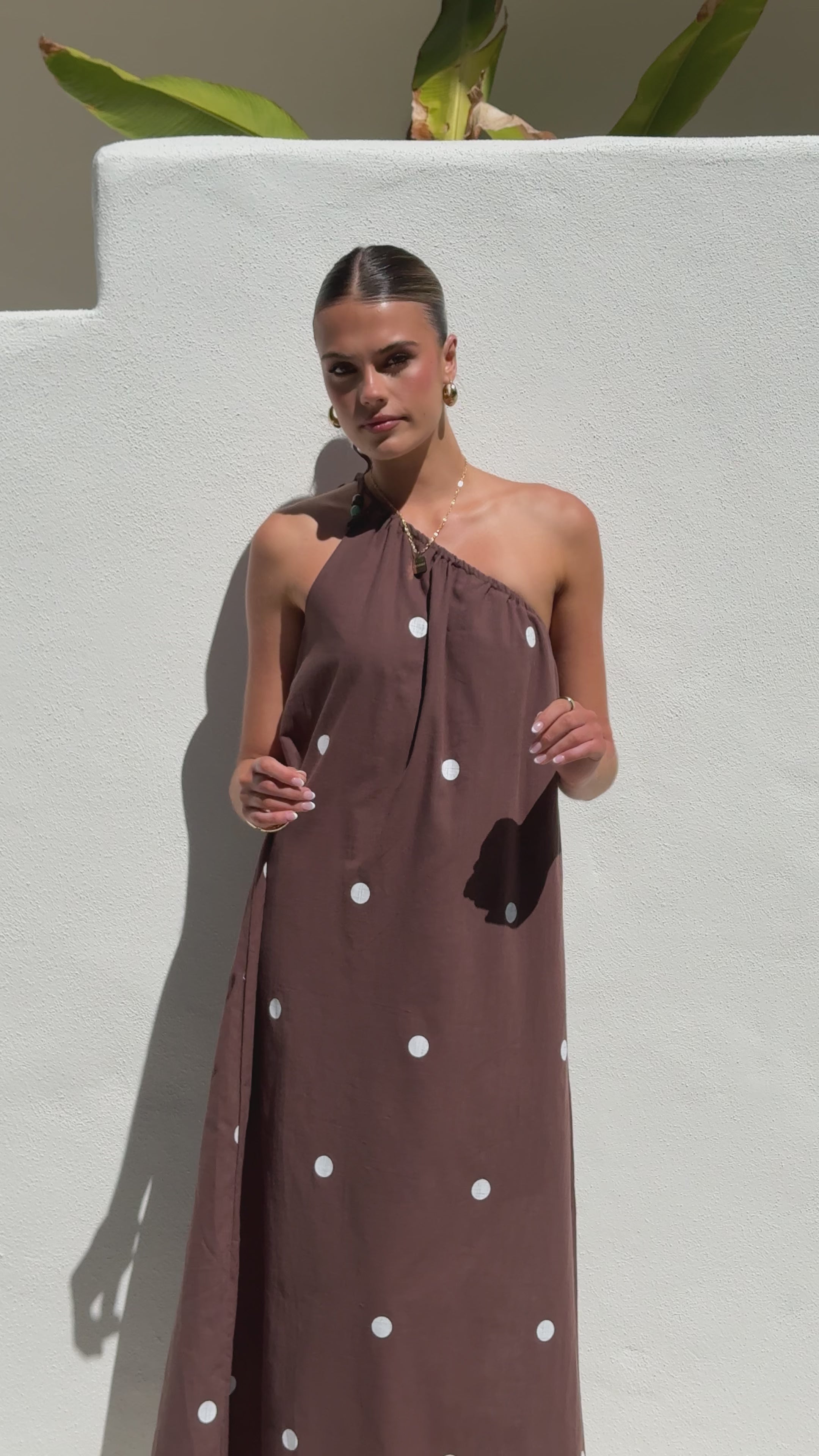 Load video: Nasira One Shoulder Maxi Dress - Chocolate / White Polka Dot - Billy J