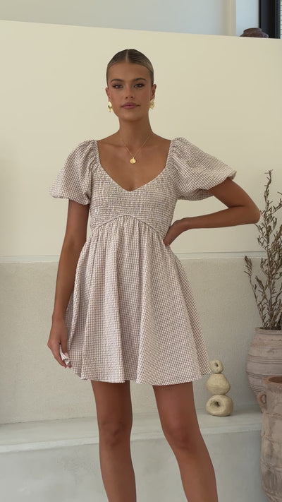 Load and play video in Gallery viewer, Sahirah Mini Dress - Beige / White Gingham
