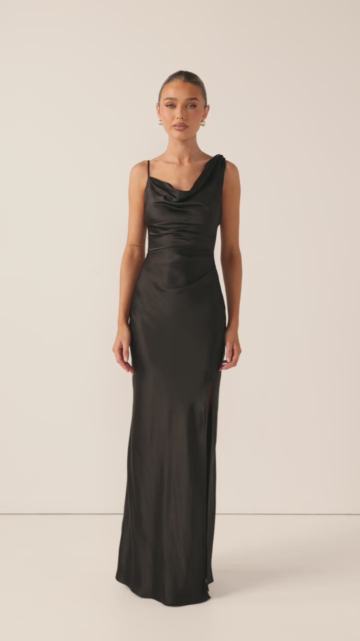 Load video: Iris Asymmetrical Maxi Dress - Black
