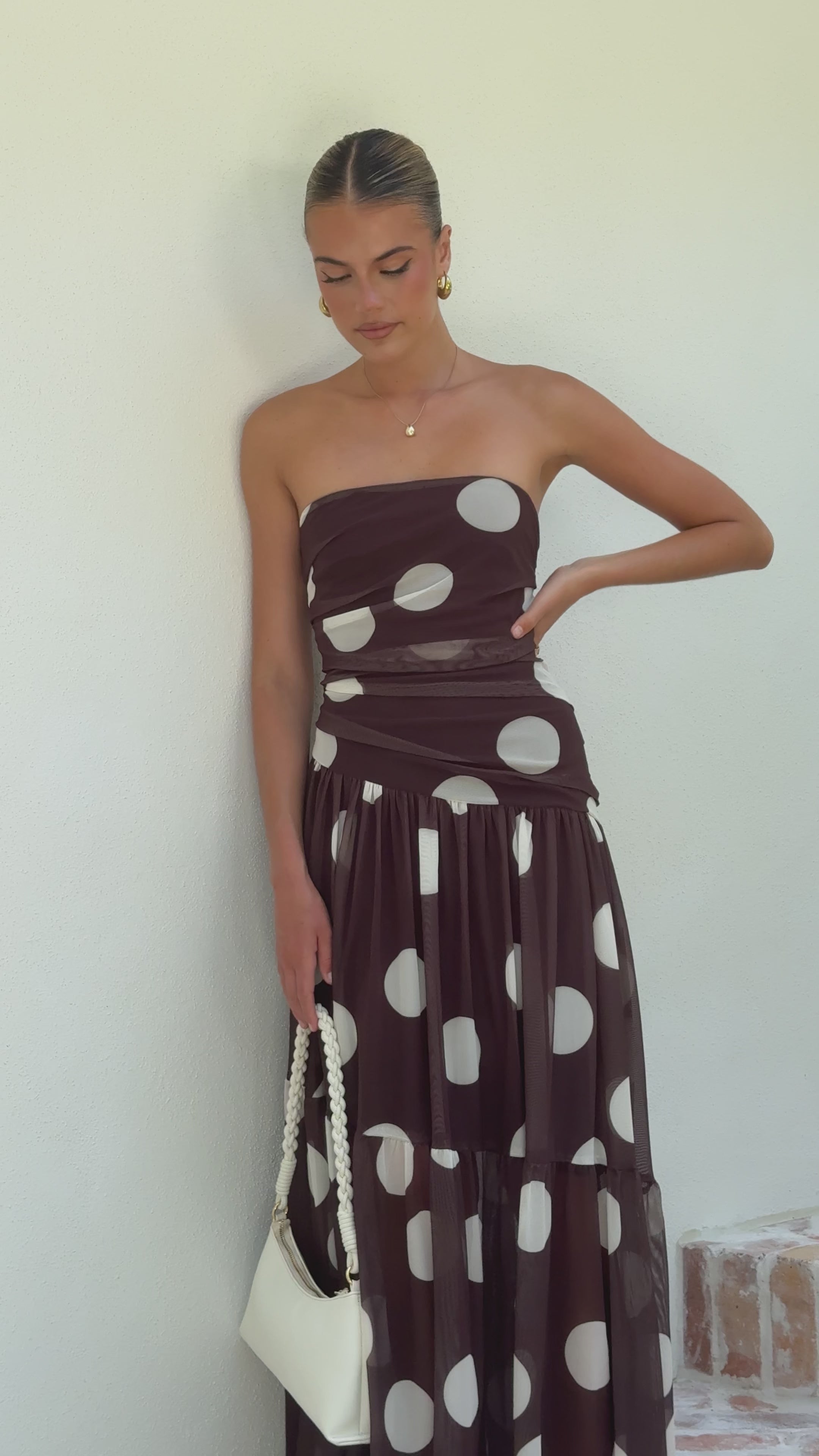 Load video: Riko Strapless Maxi Dress - Chocolate Spot - Billy J