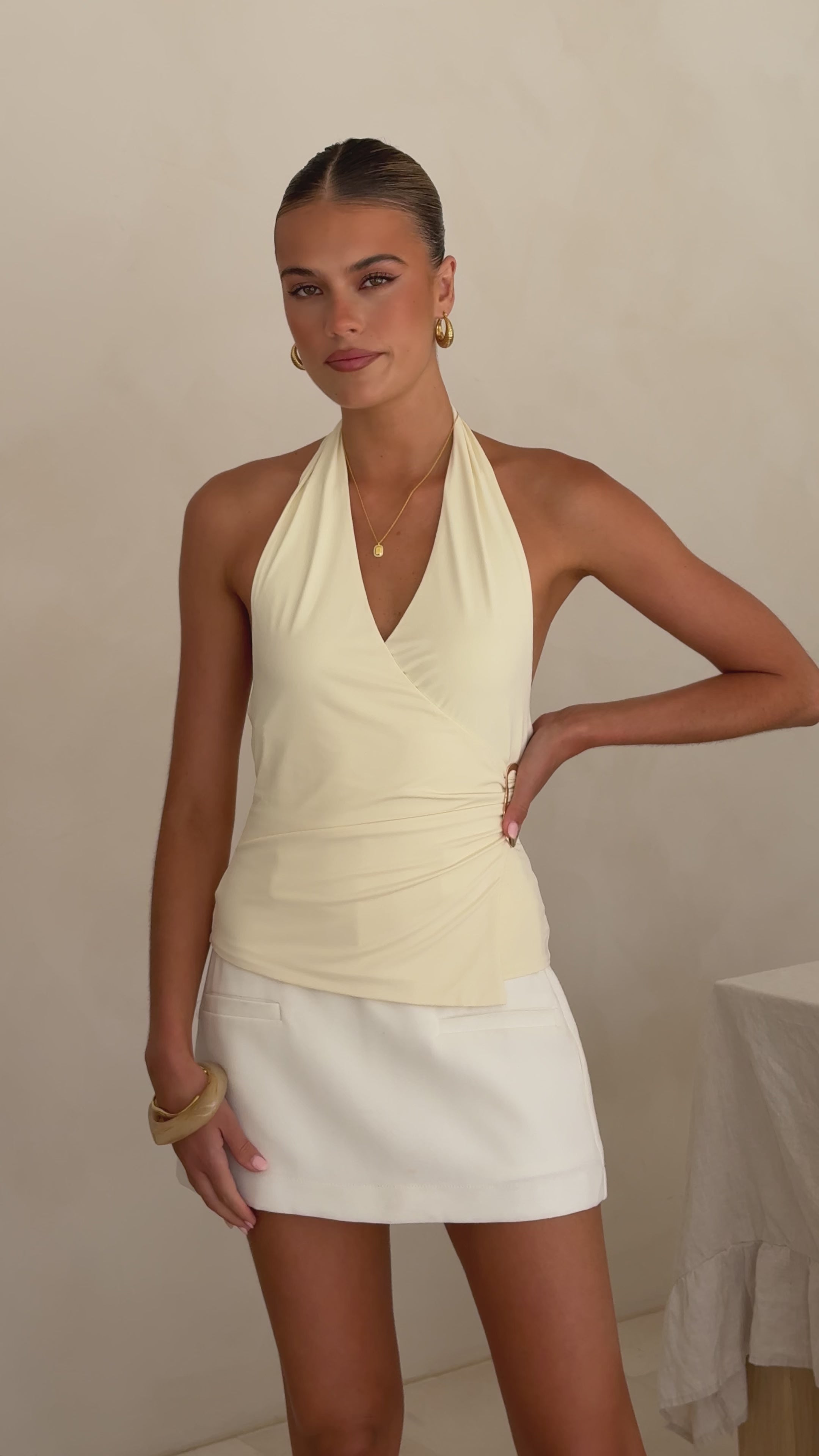 Load video: Brylen Halter Neck Top - Butter - Billy J