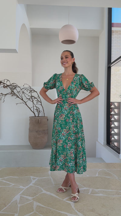 Load and play video in Gallery viewer, Itzel Midi Dress - Green Floral
