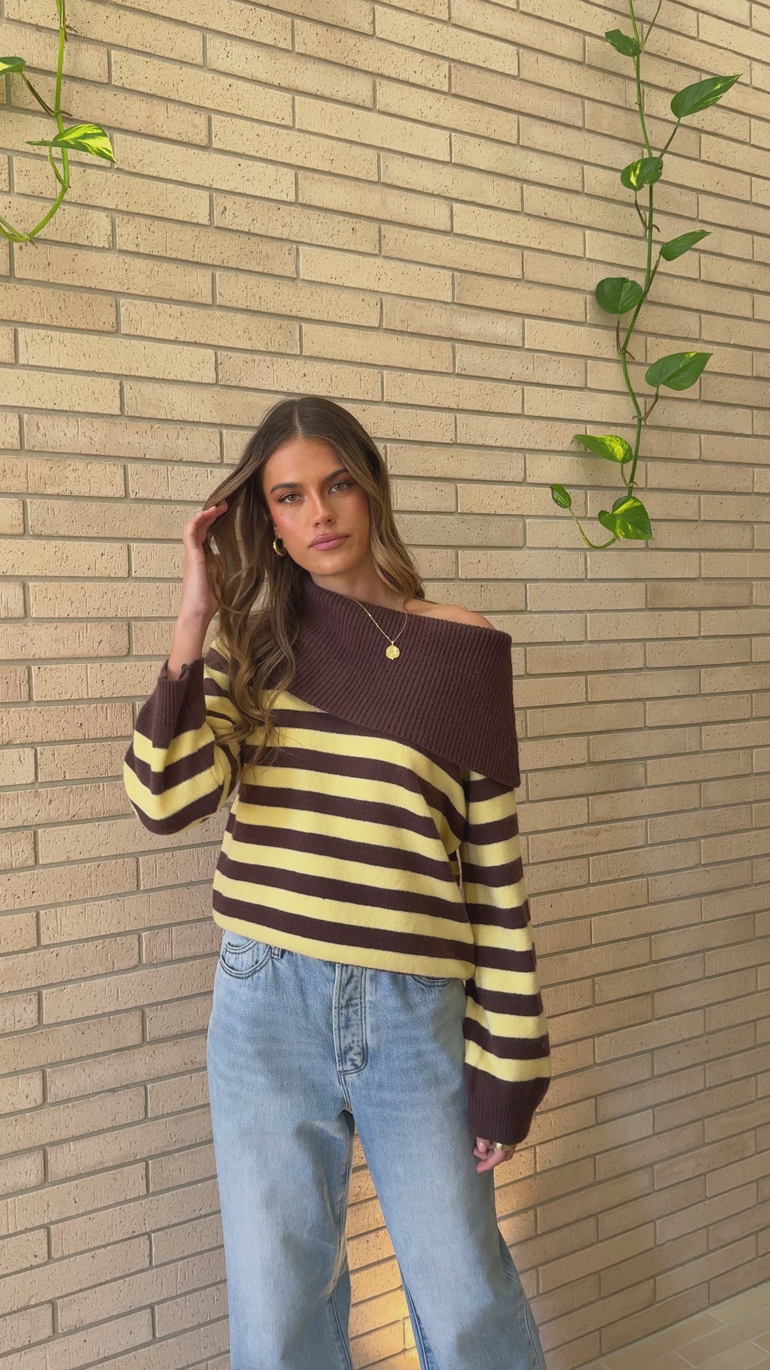 Henna Off Shoulder Knit Sweater - Yellow/Chocolate Stripe - Billy J